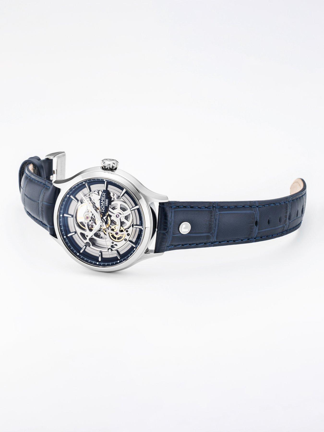  image of roamer-swiss-made-competence-skeleton-iv-automatic-watch-with-stainless-steel-case-and-blue-leather-strap