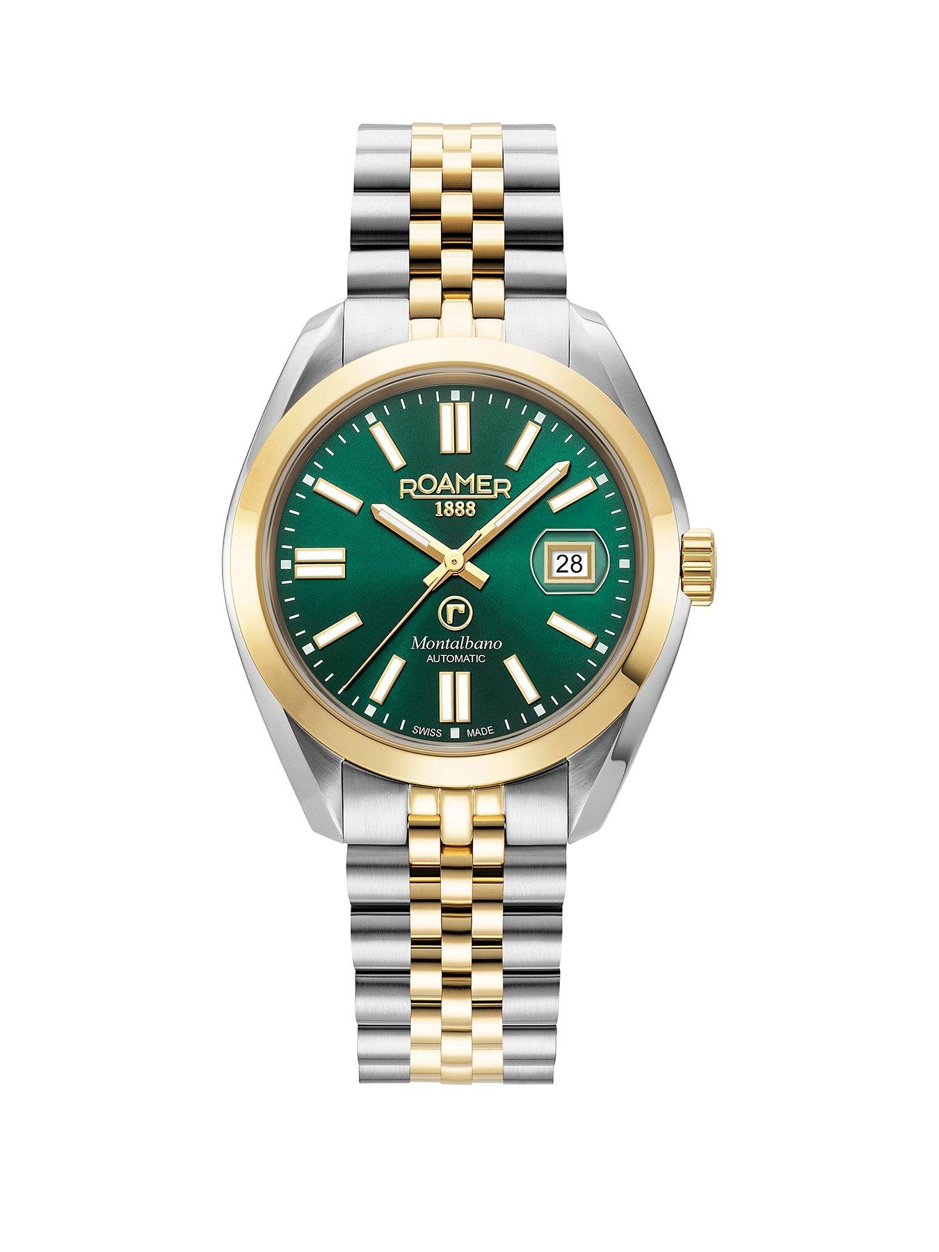 Roamer of Switzerland Swiss Made Montalbano Men's Automatic Watch with Green dial in a Gold IP Two Tone Stainless Steel Case and Bracelet with Date Feature