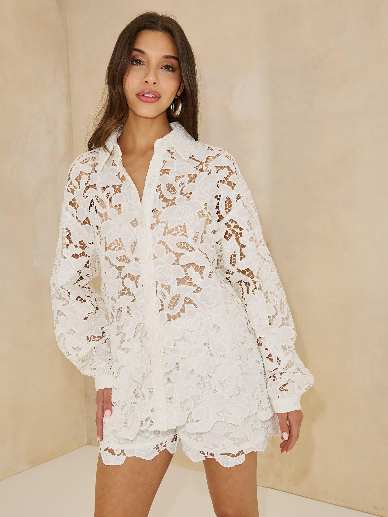  image of michelle-keegan-floral-applique-lacenbspshirt-white