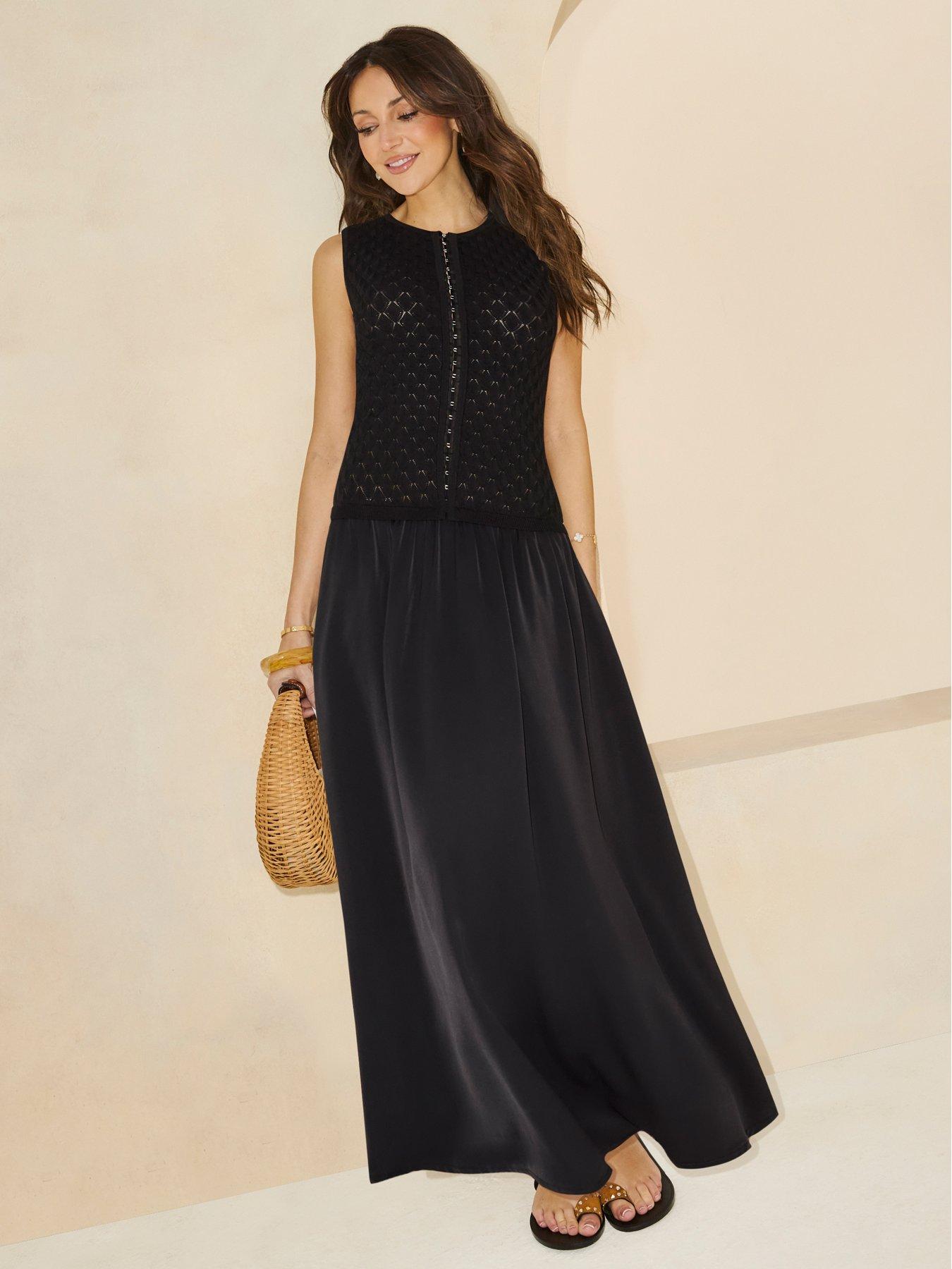 Michelle Keegan Pointelle Knit Dropped Waist Midaxi Dress - Black
