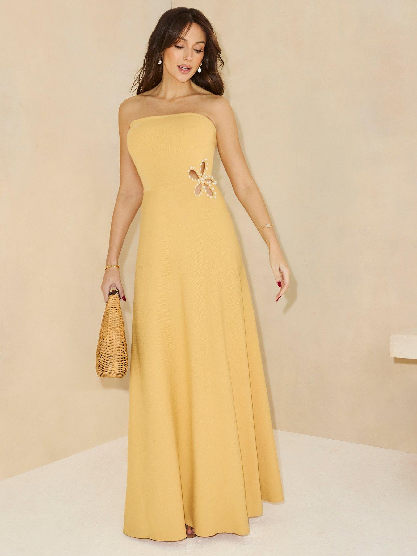 Michelle Keegan Knitted Bandeau Embellished Side Dress Yellow
