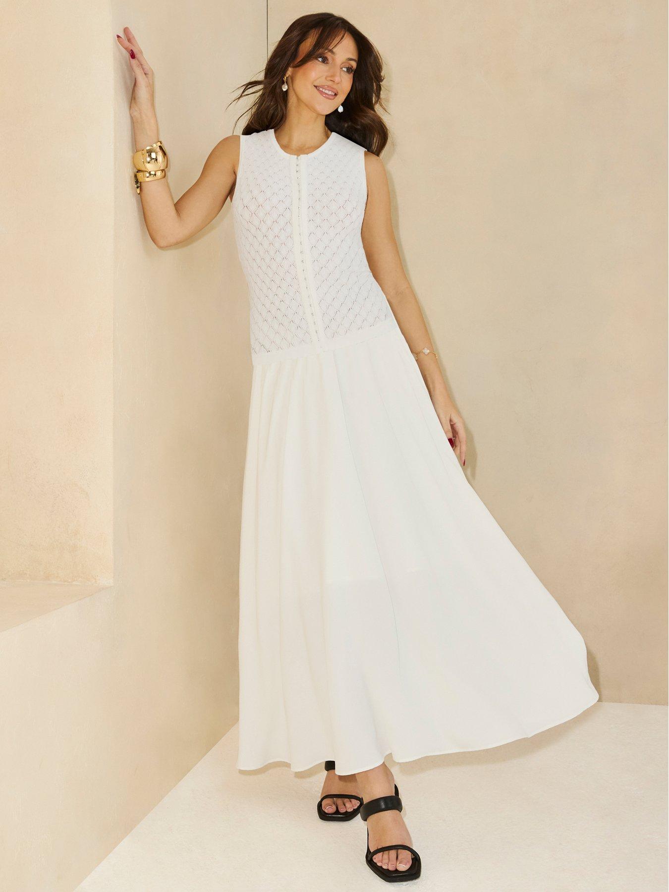 Michelle Keegan Pointelle Knit Dropped Waist Midaxi Dress - White