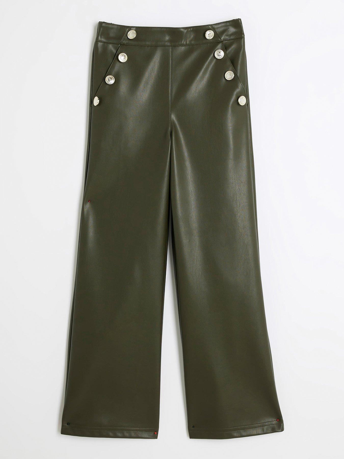  image of river-island-faux-leather-wide-leg-trousers-khaki