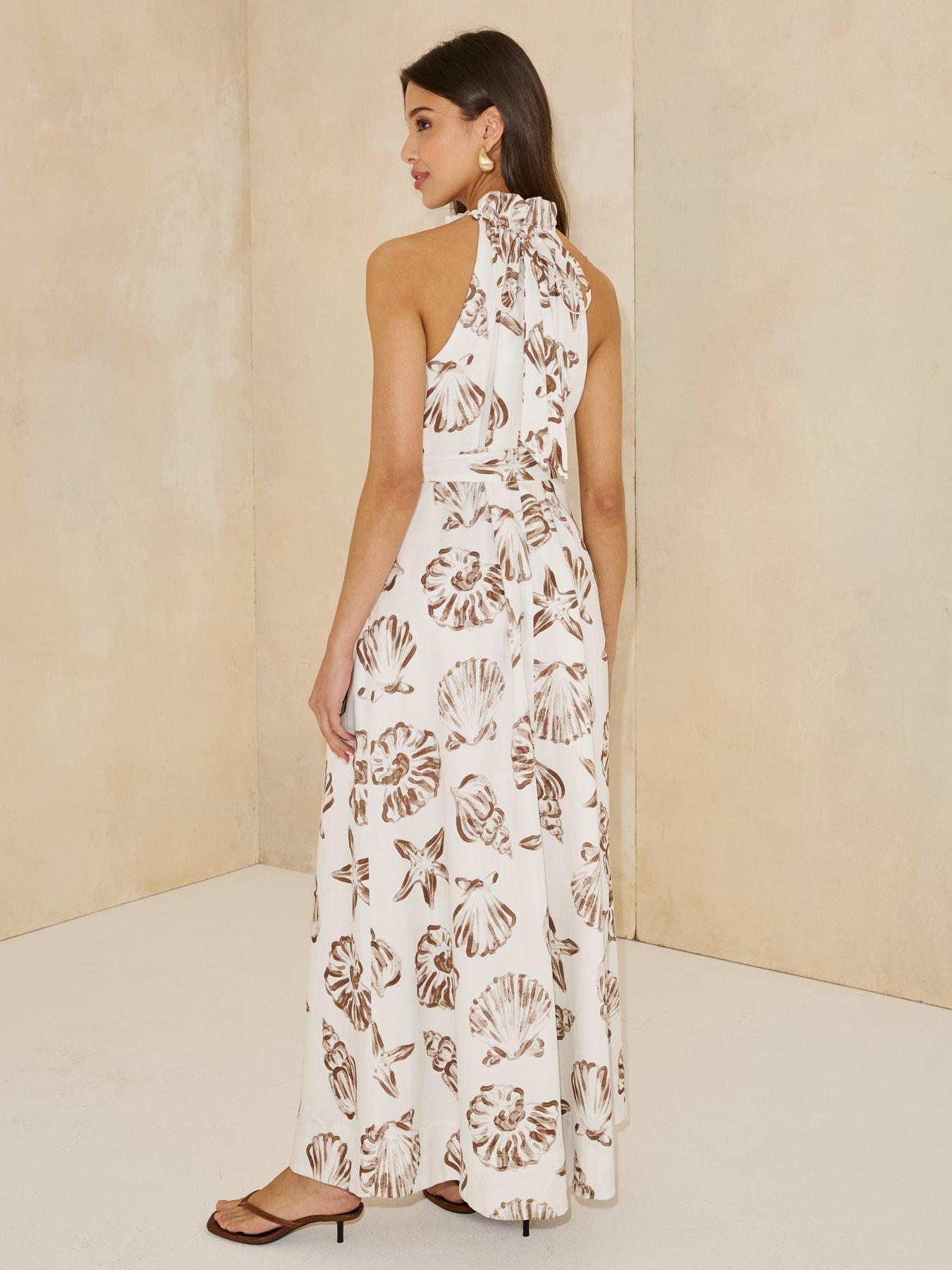 Michelle Keegan Halter Neck Tie Waist Midaxi Dress White/brown