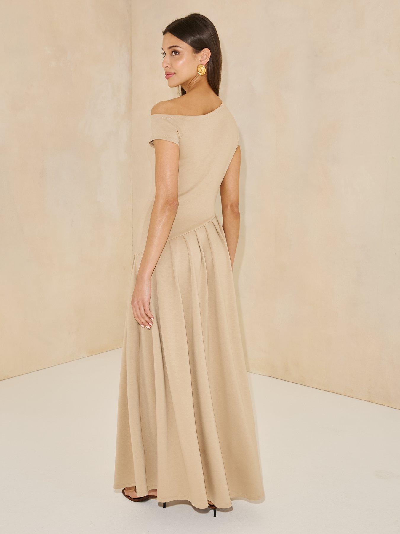  image of michelle-keegan-off-the-shoulder-curved-waist-midaxi-dress-beige