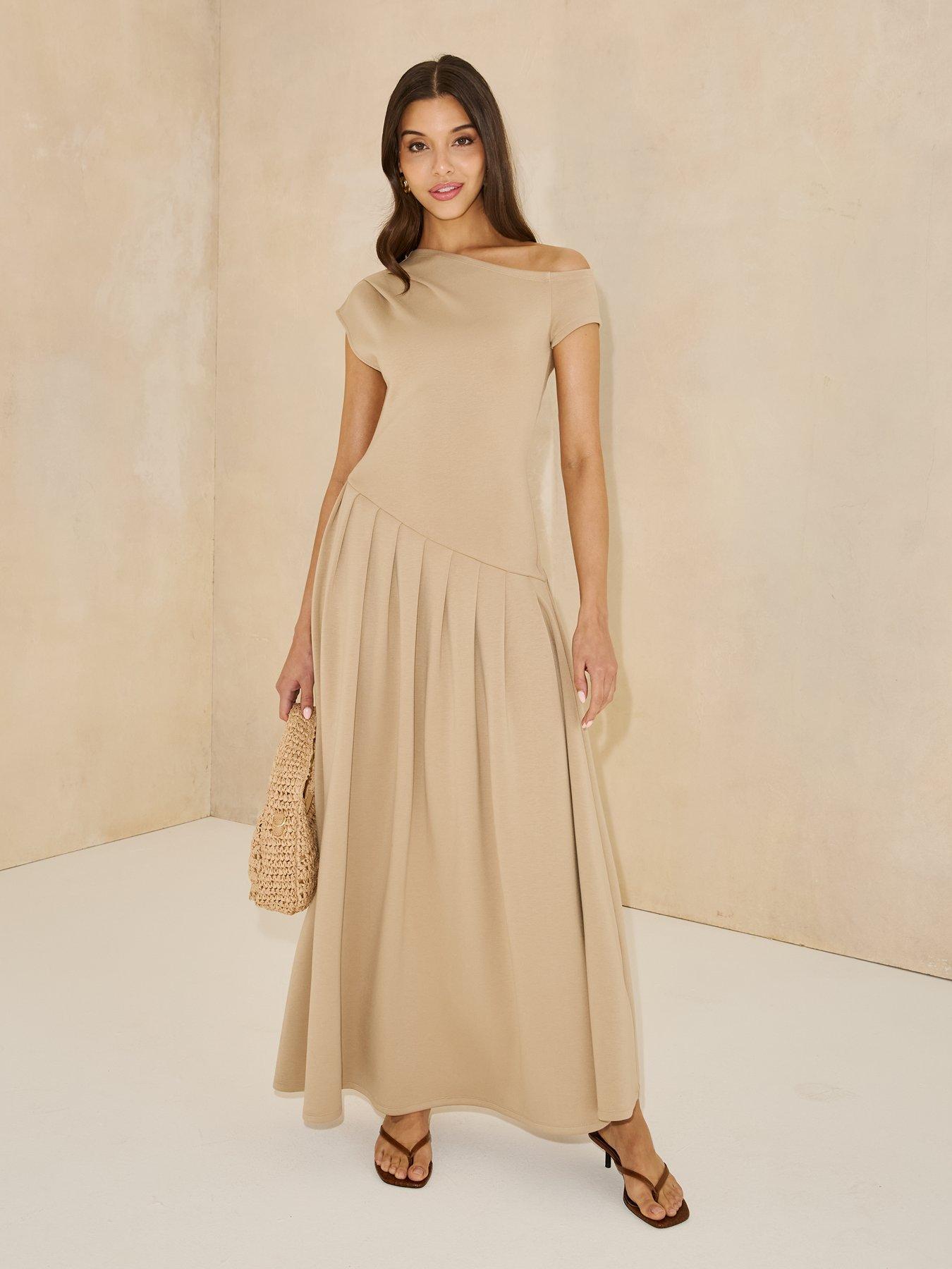  image of michelle-keegan-off-the-shoulder-curved-waist-midaxi-dress-beige