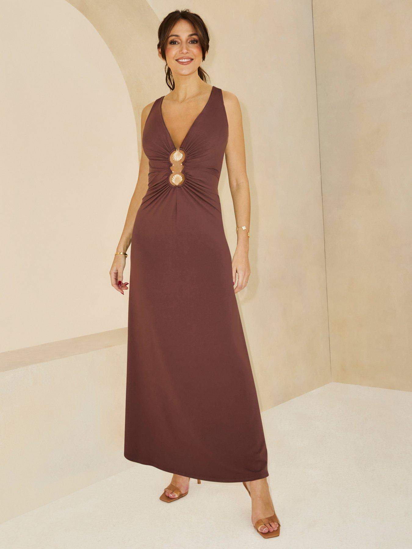 Michelle Keegan Double Shell Trim Jersey Midaxi Dress Brown