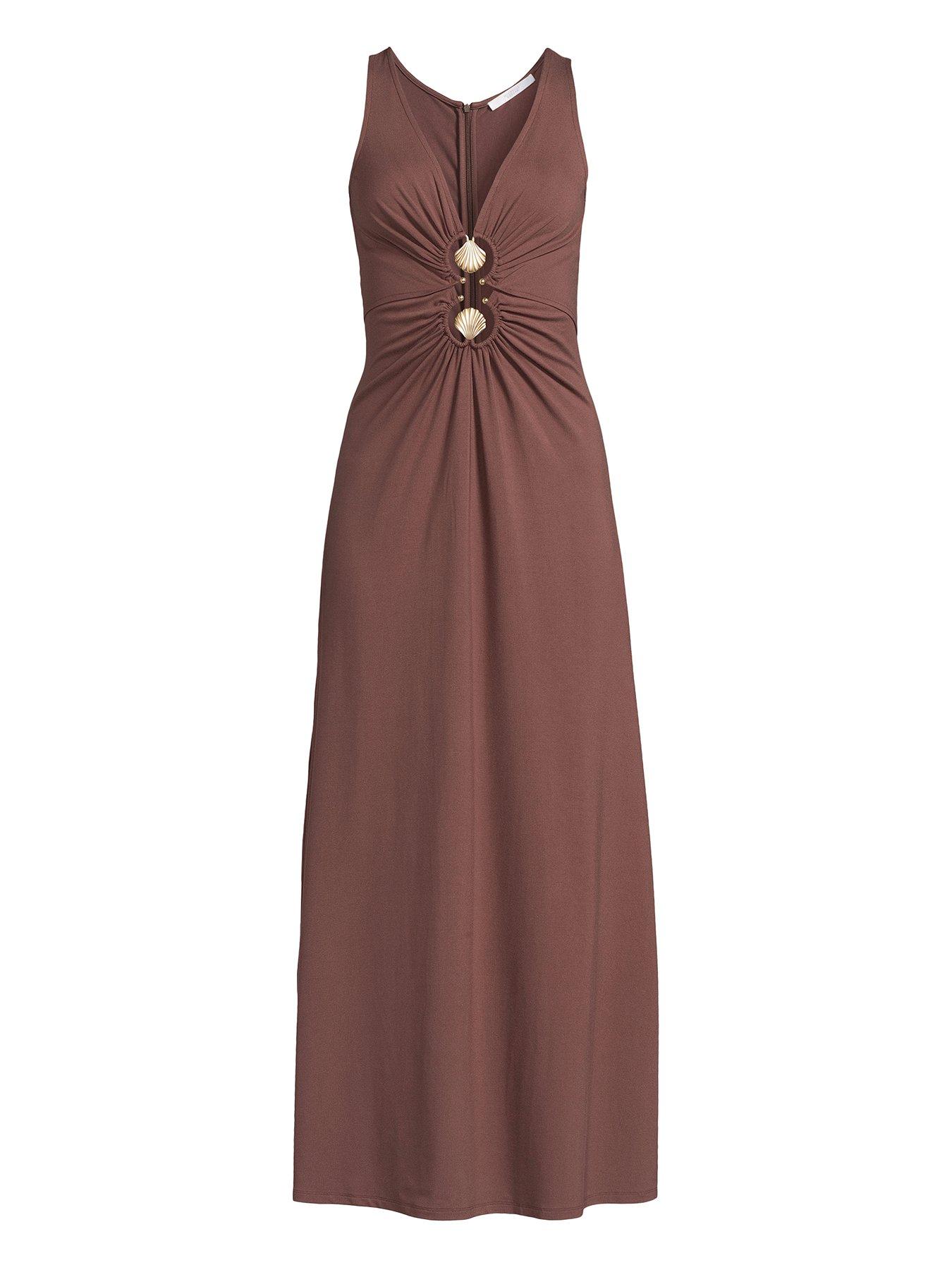  image of michelle-keegan-double-shell-trimnbspjersey-midaxi-dress-brown