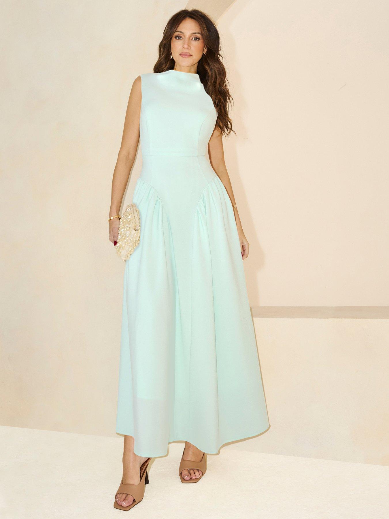 front image of michelle-keegan-pleated-corset-sleeveless-dress-green