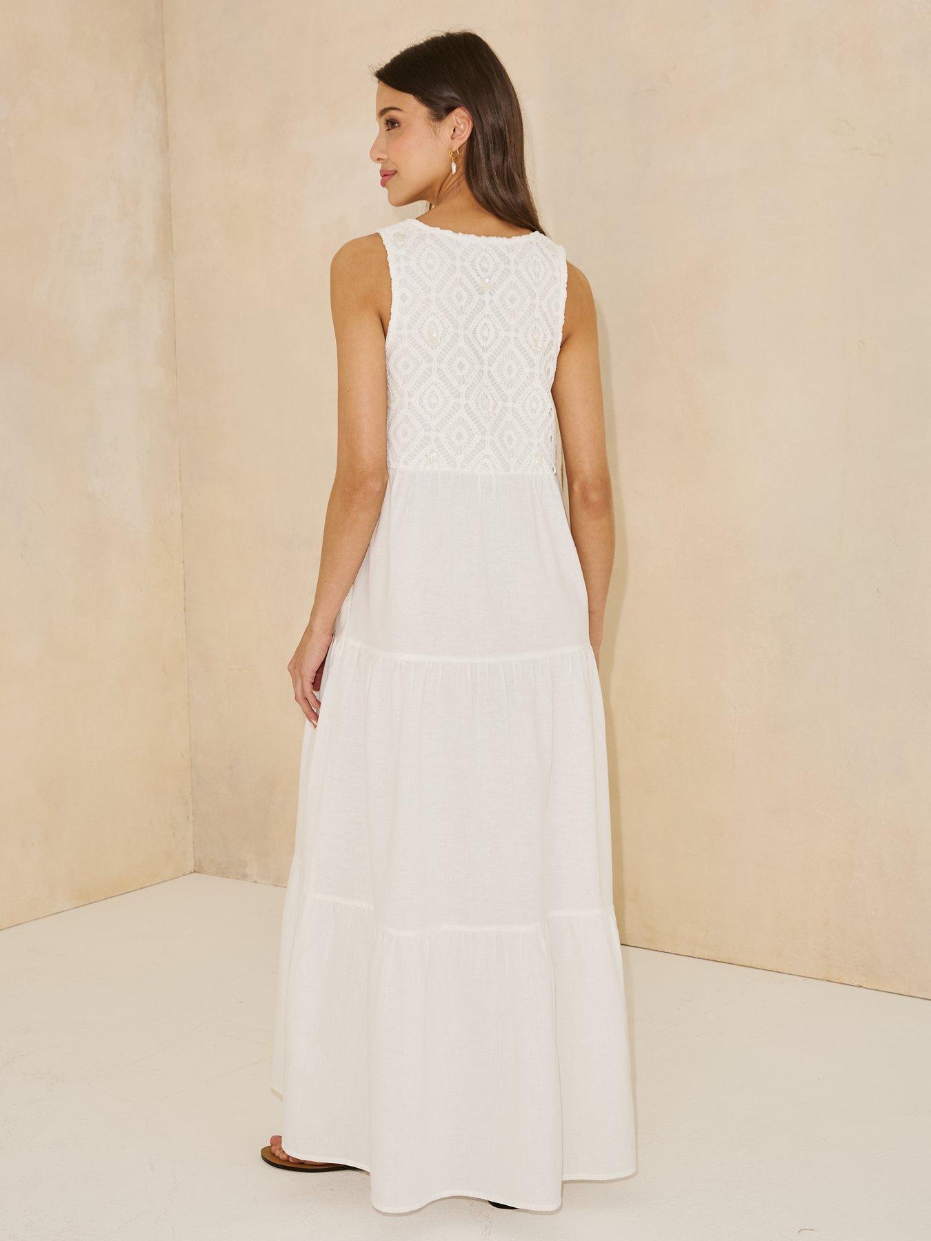 stillFront image of michelle-keegan-crochet-shell-embellished-tiered-midaxi-dress-white