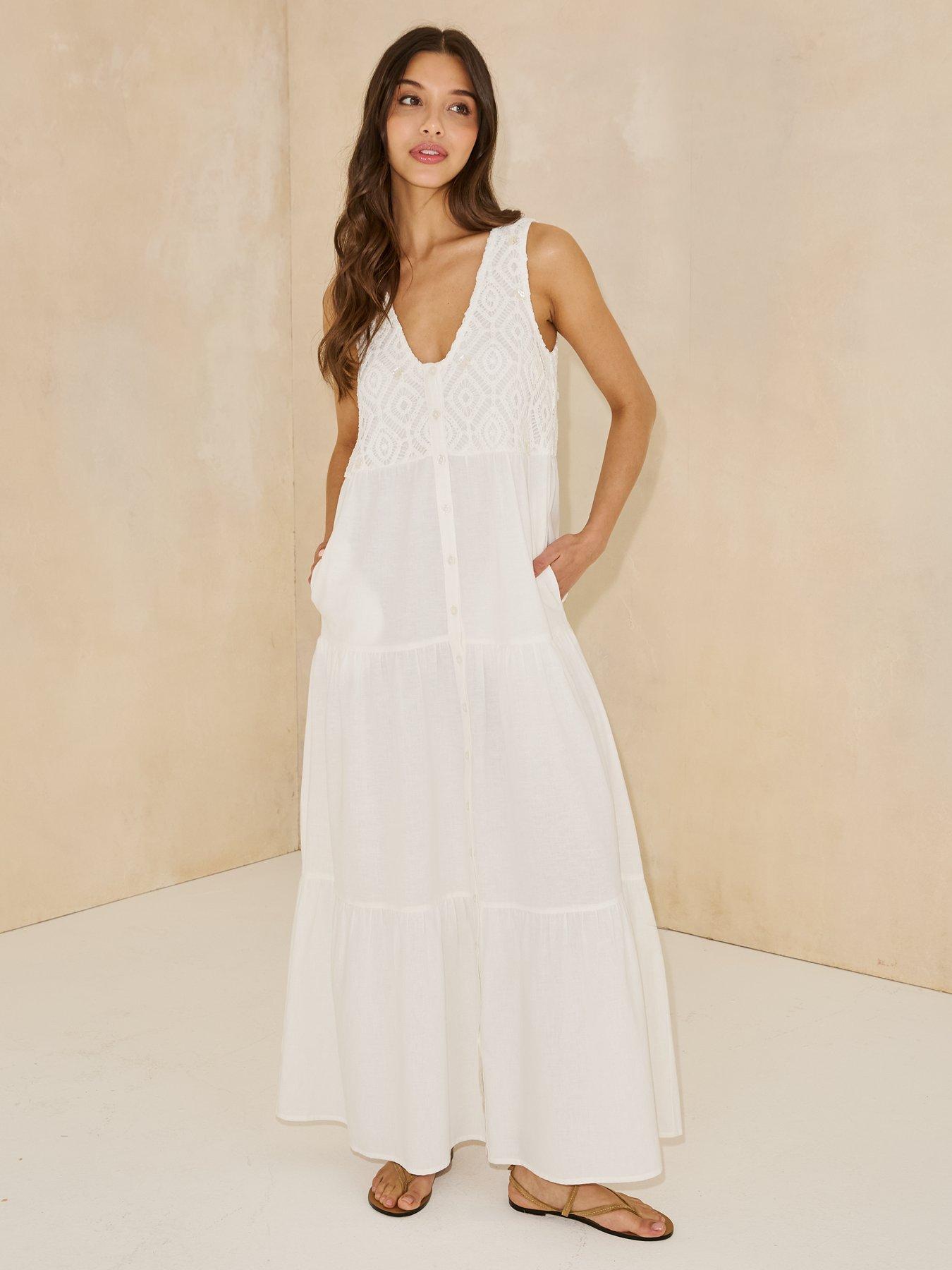  image of michelle-keegan-crochet-shell-embellished-tiered-midaxi-dress-white