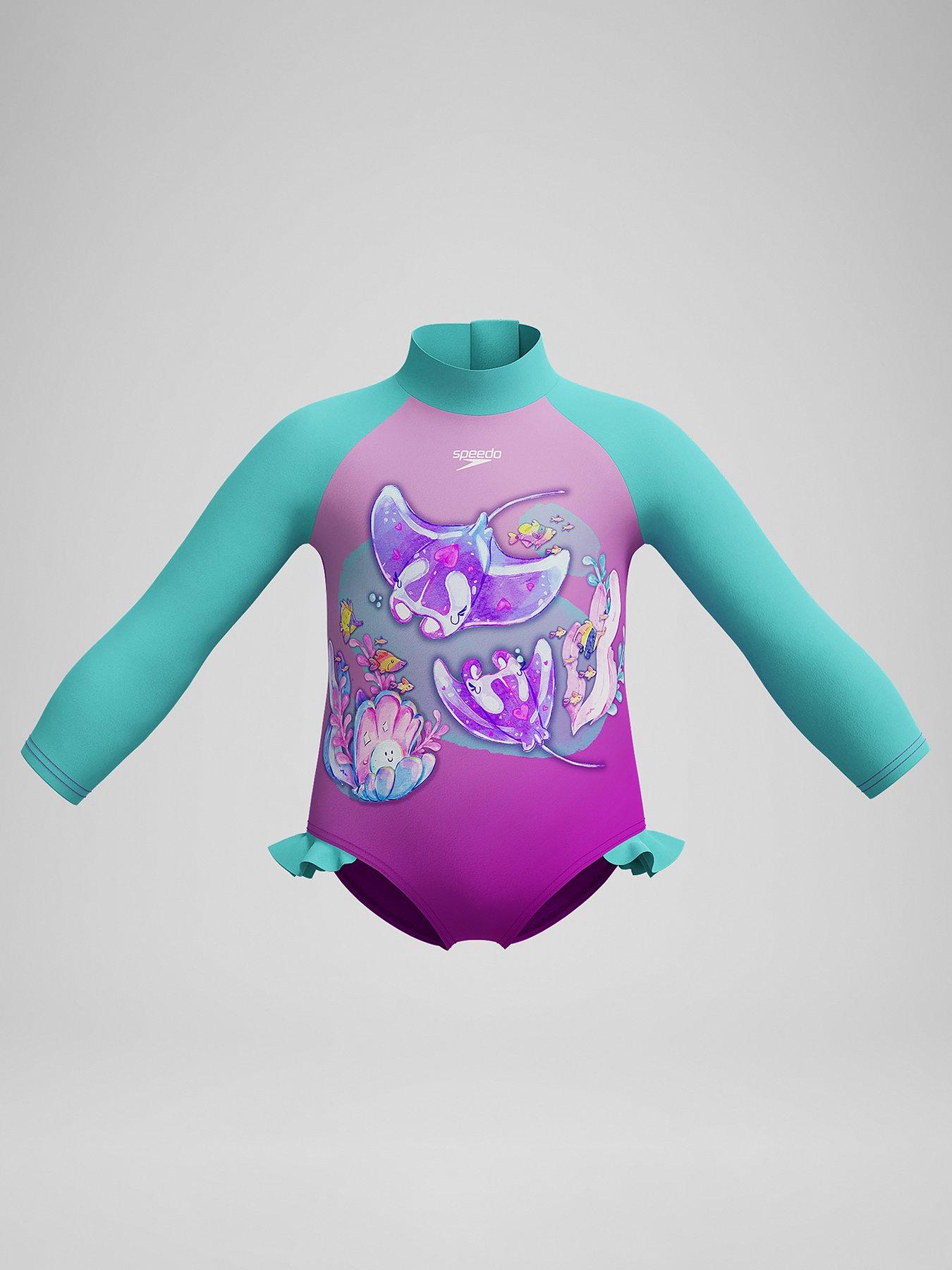  image of speedo-girls-digital-long-sleeve-frill-swimsuit-bluepink