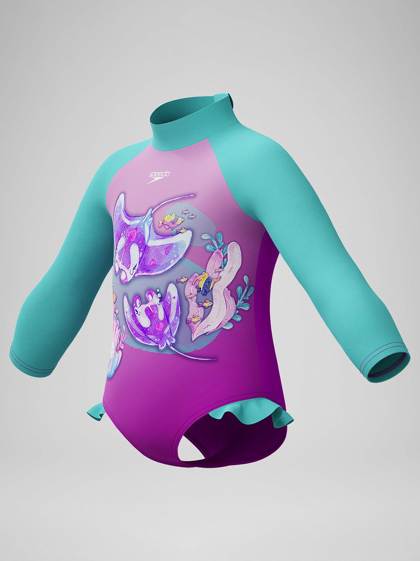  image of speedo-girls-digital-long-sleeve-frill-swimsuit-bluepink
