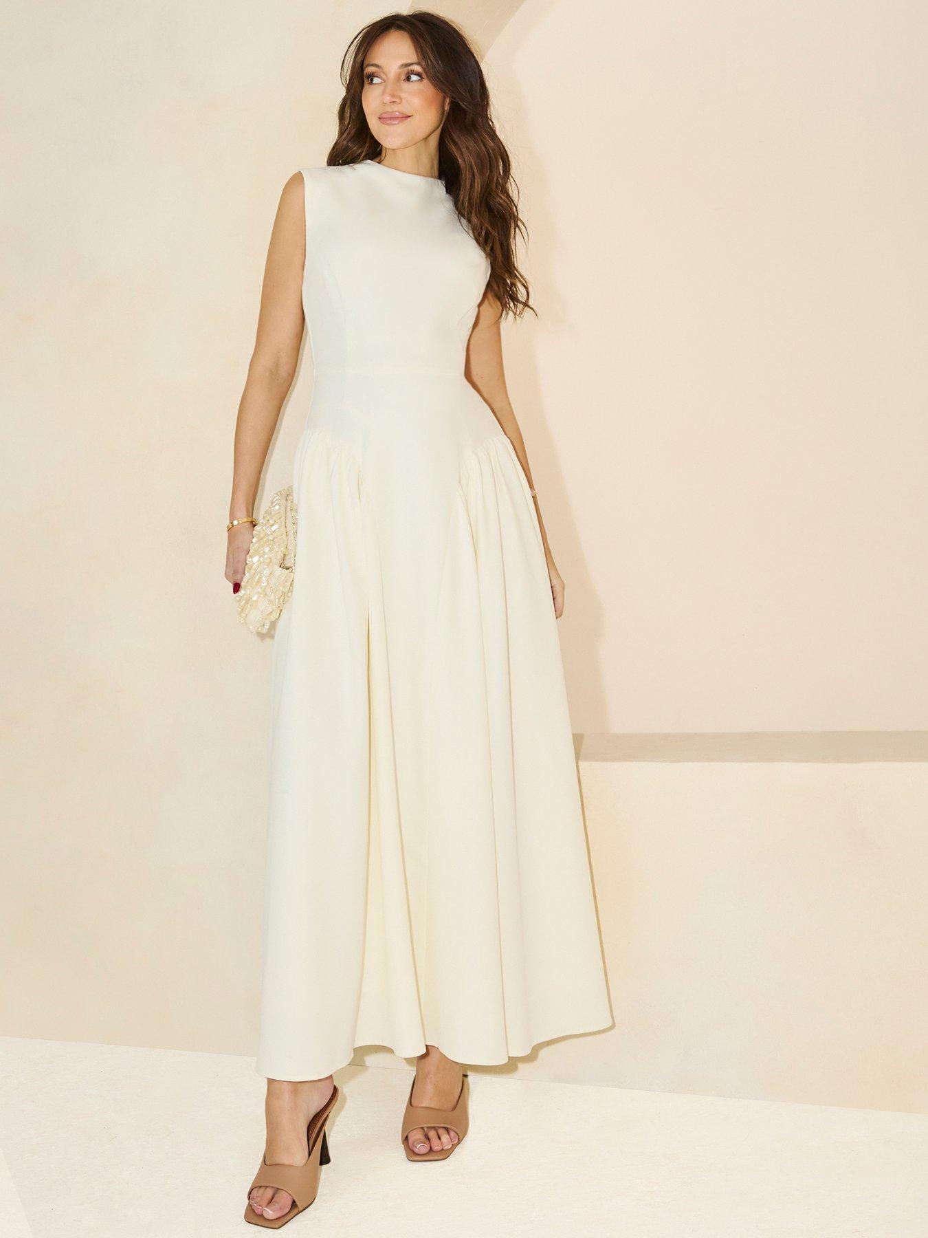 Michelle Keegan Pleated Corset Sleeveless Dress - Cream
