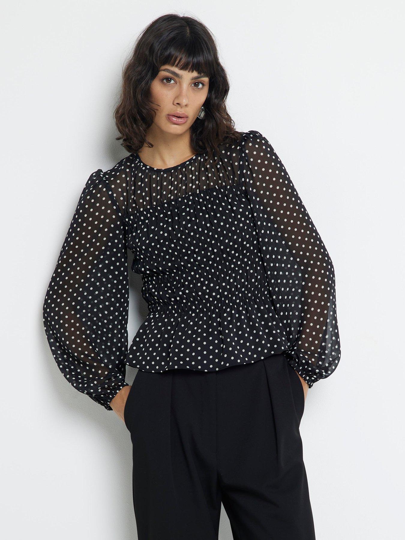 undefined Spot Shirred Chiffon Blouse - Black