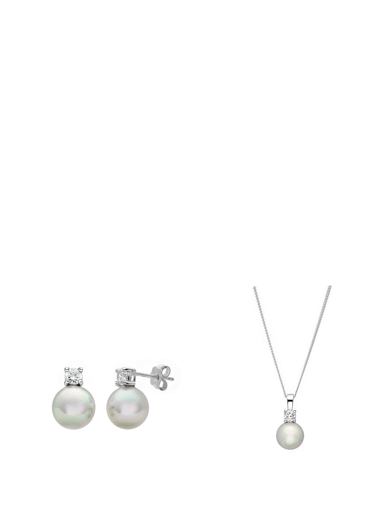  image of the-love-collection-sterling-silver-pearl-cubic-zirconia-pendant-and-earring-set