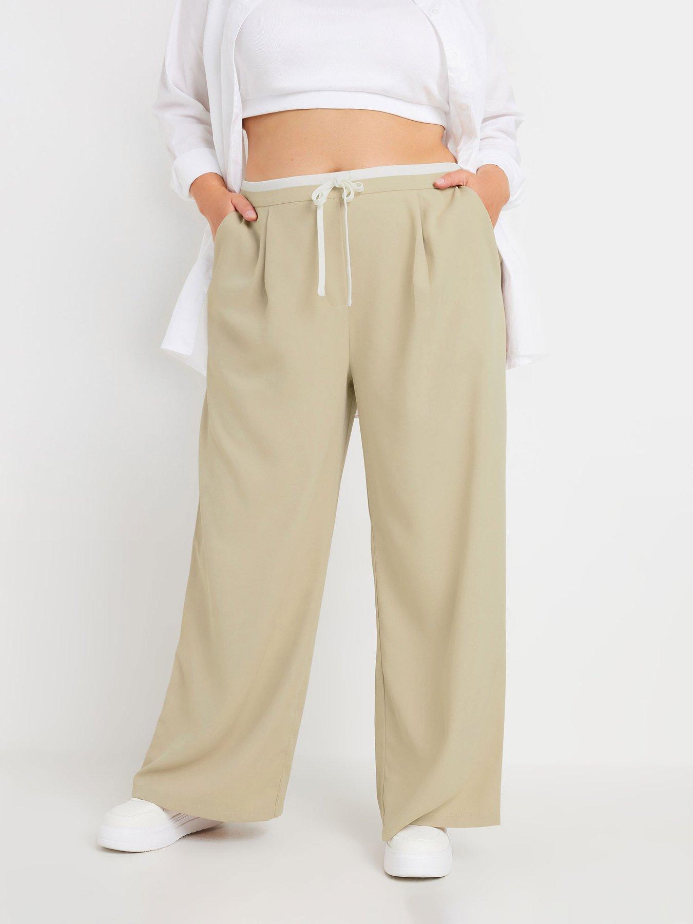 Image 1 of 4 of Yours Curve Drawstring Contrast Waist Wide Leg Trousers - Natural