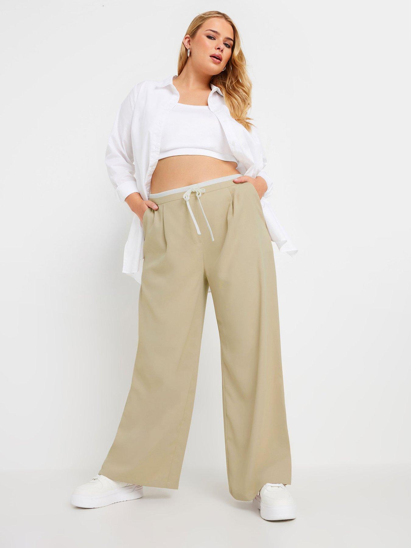Image 3 of 4 of Yours Curve Drawstring Contrast Waist Wide Leg Trousers - Natural