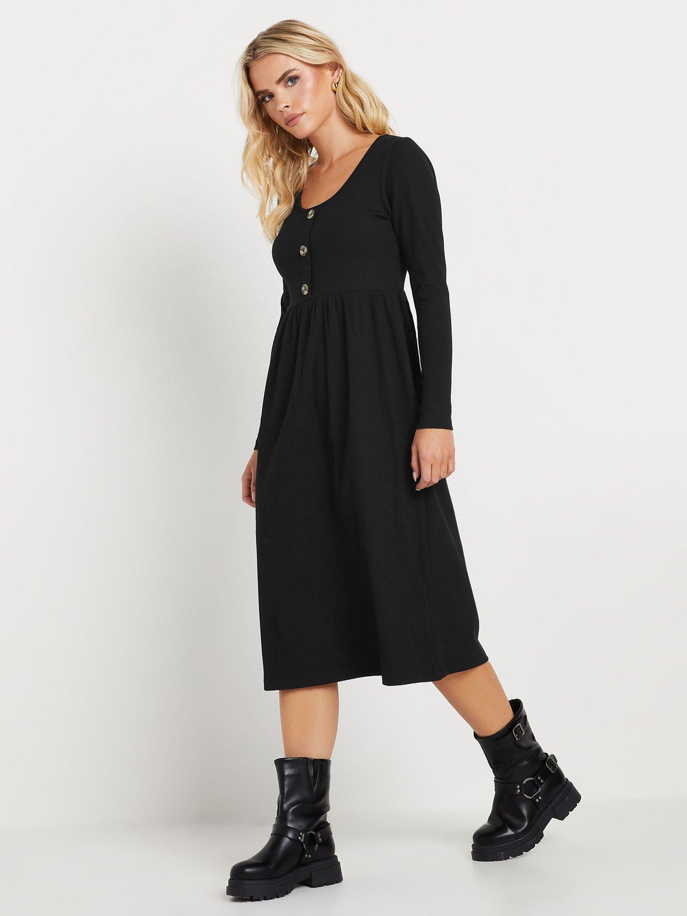 undefined Petite Long Sleeve Rib Button Midi Dress - Black