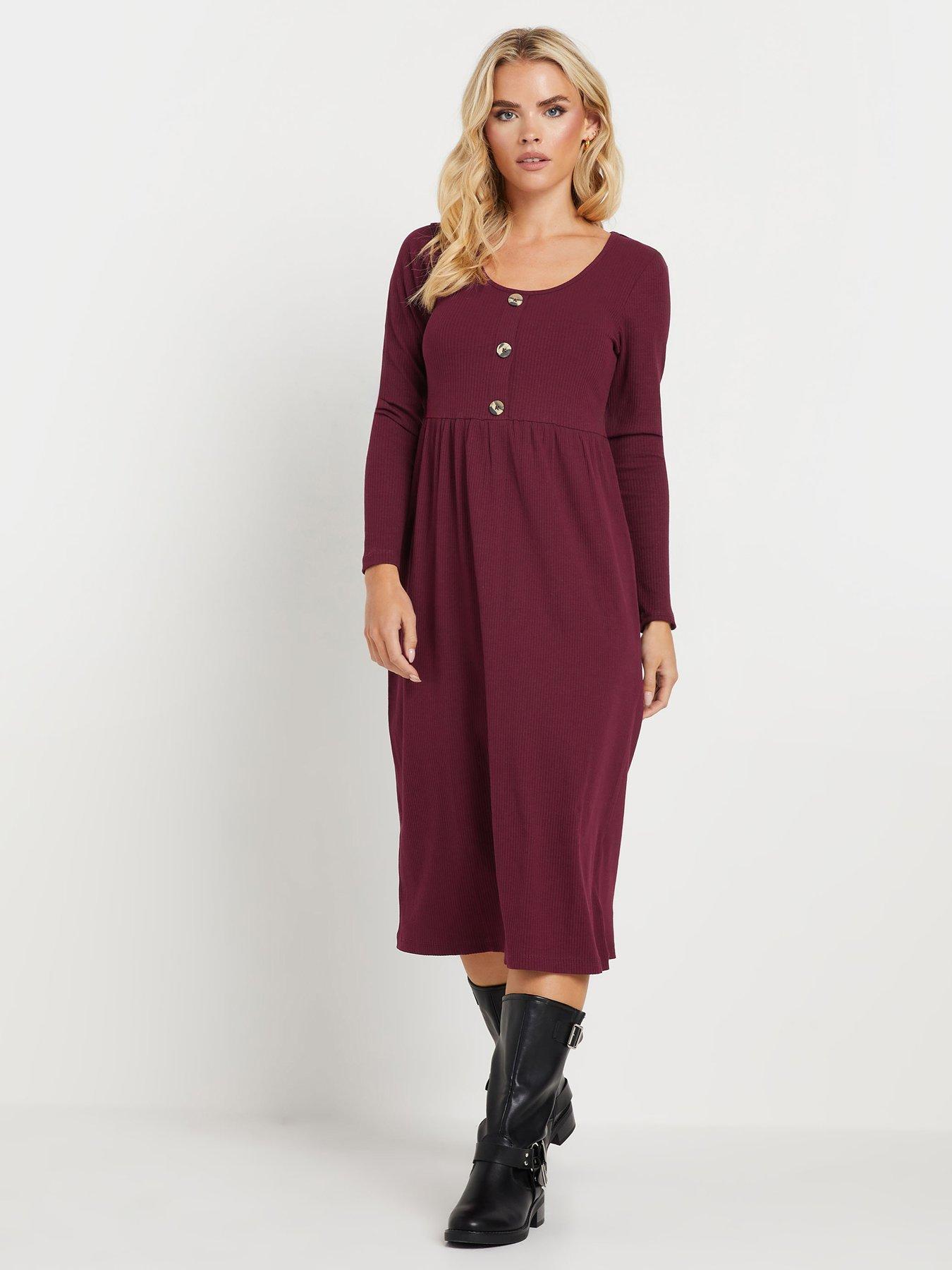 undefined Petite Long Sleeve Rib Button Midi Dress - Purple