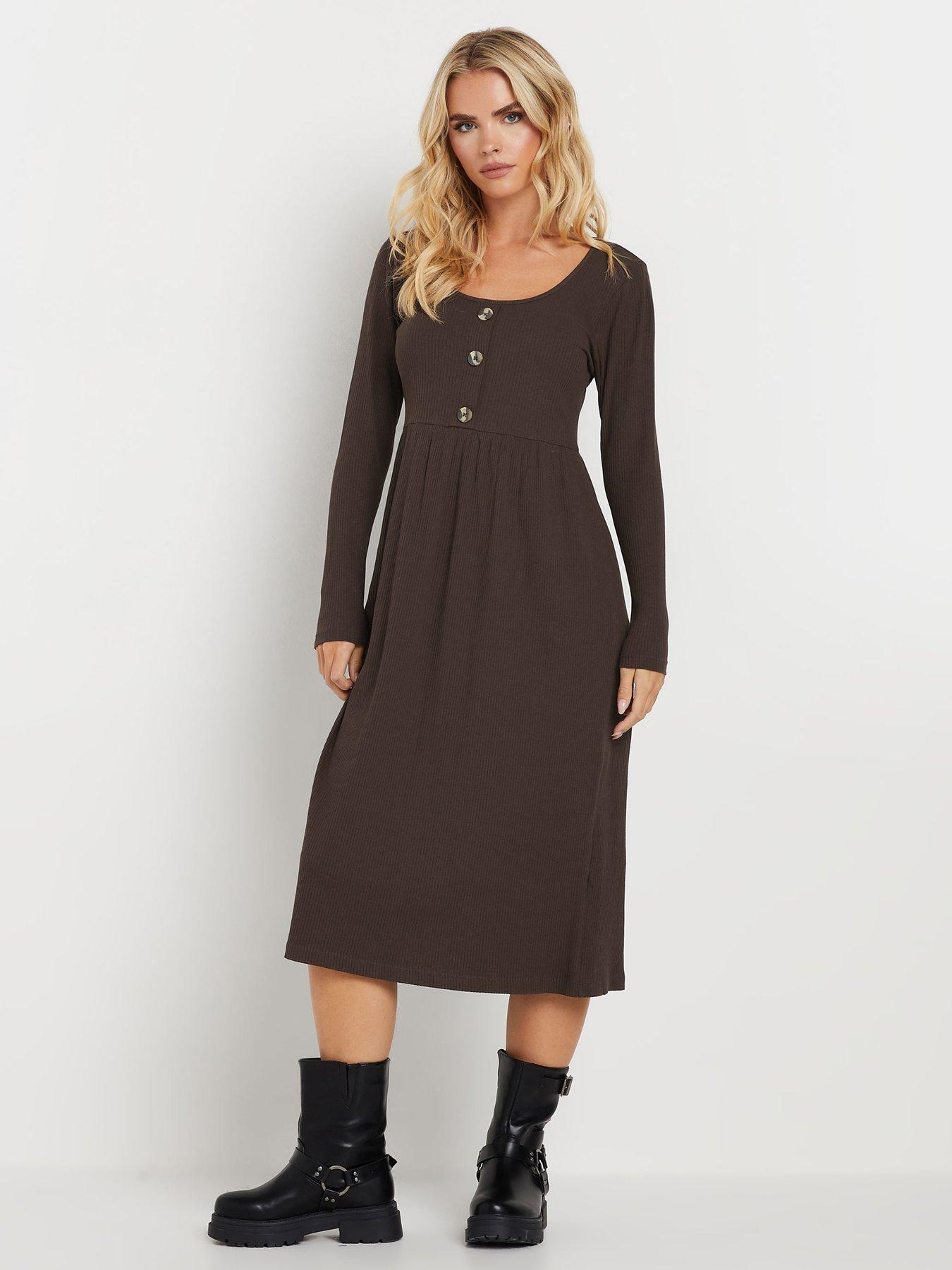 undefined Petite Long Sleeve Rib Button Midi Dress - Brown