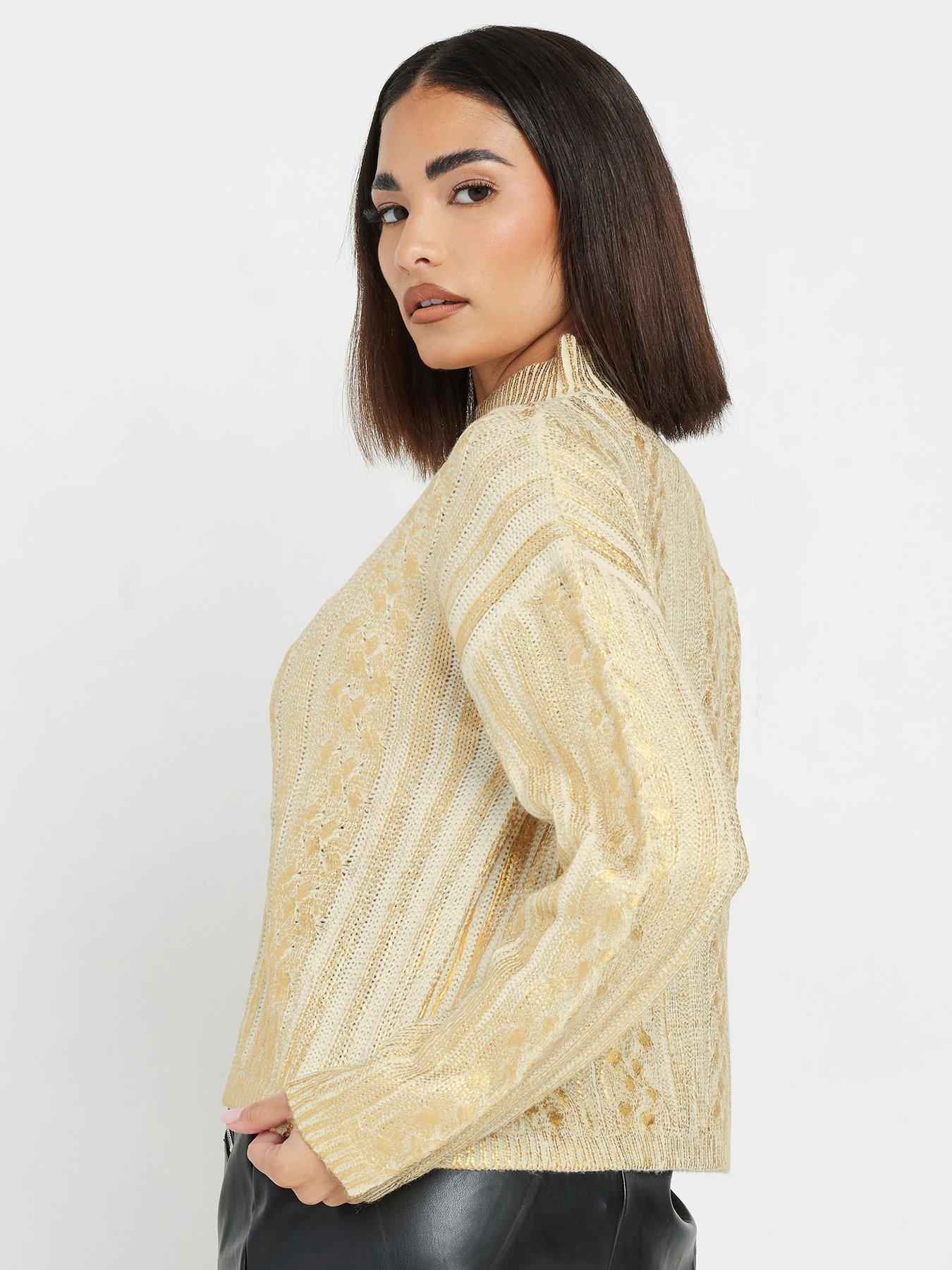  image of pixiegirl-petite-metallic-cable-knit-jumper-gold