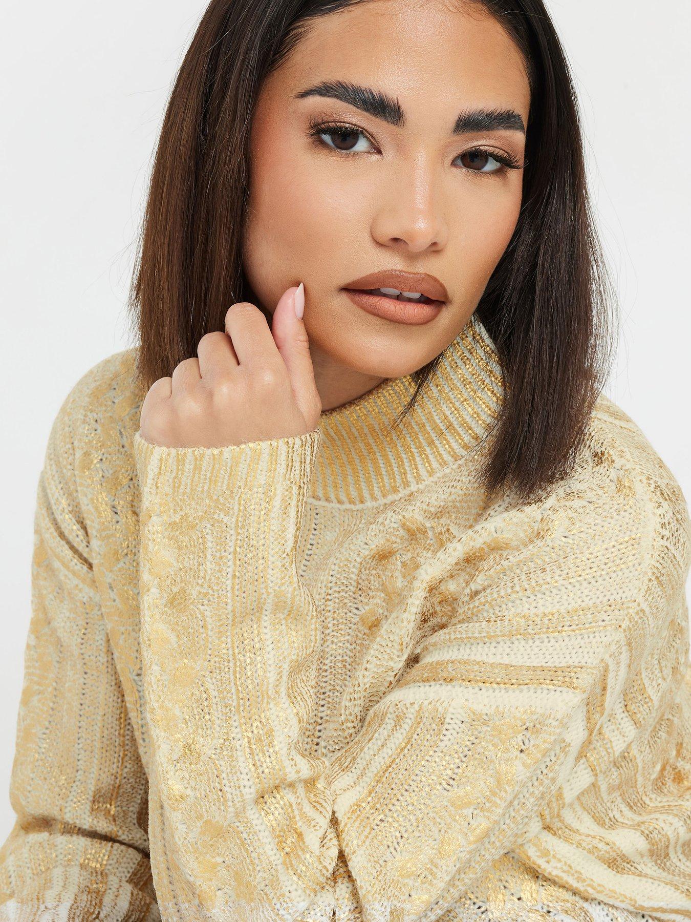  image of pixiegirl-petite-metallic-cable-knit-jumper-gold