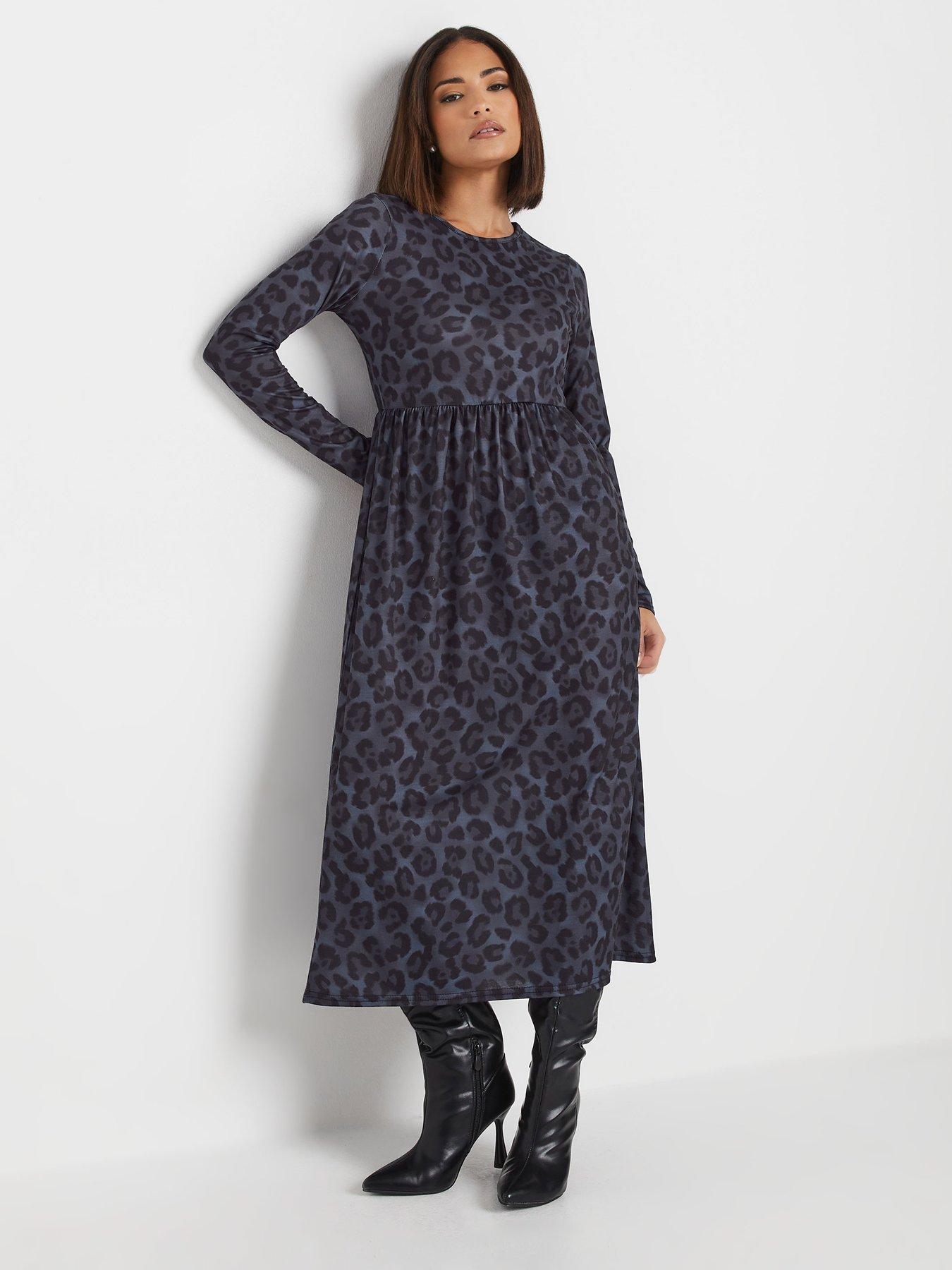 undefined Petite Animal Print Long Sleeve Midi Smock Dress