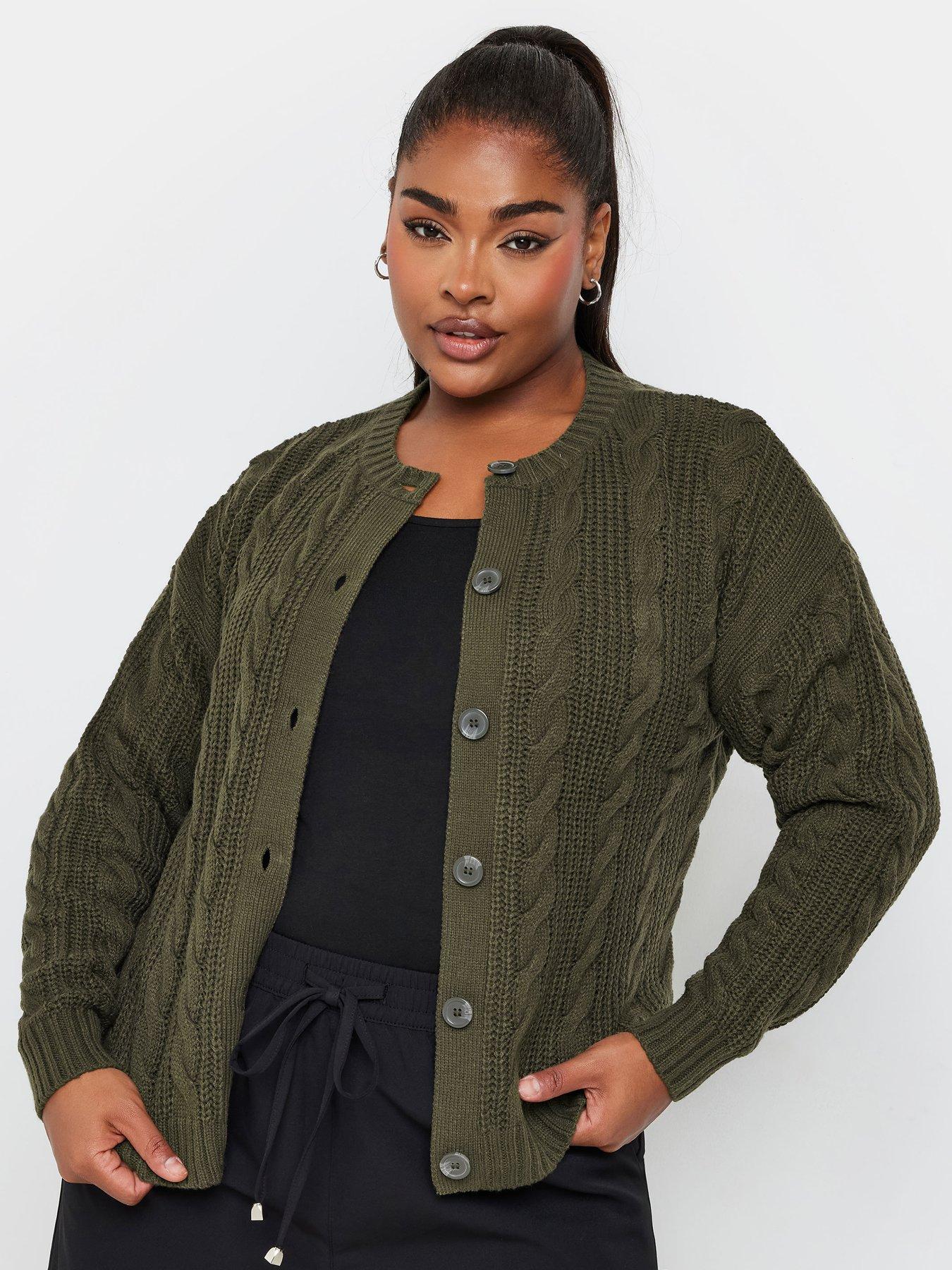 Yours Curve Cropped Cable Knit Cardigan - Green
