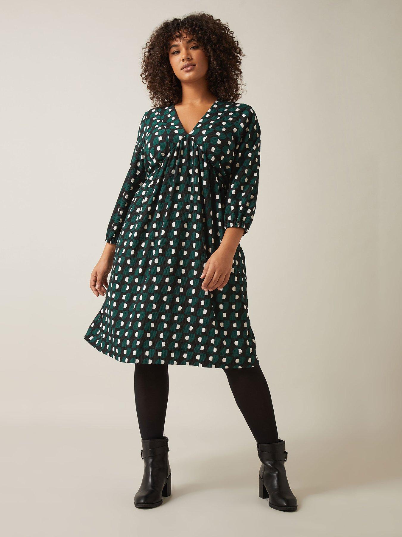 undefined Balloon Sleeve V Neck Dress - Green