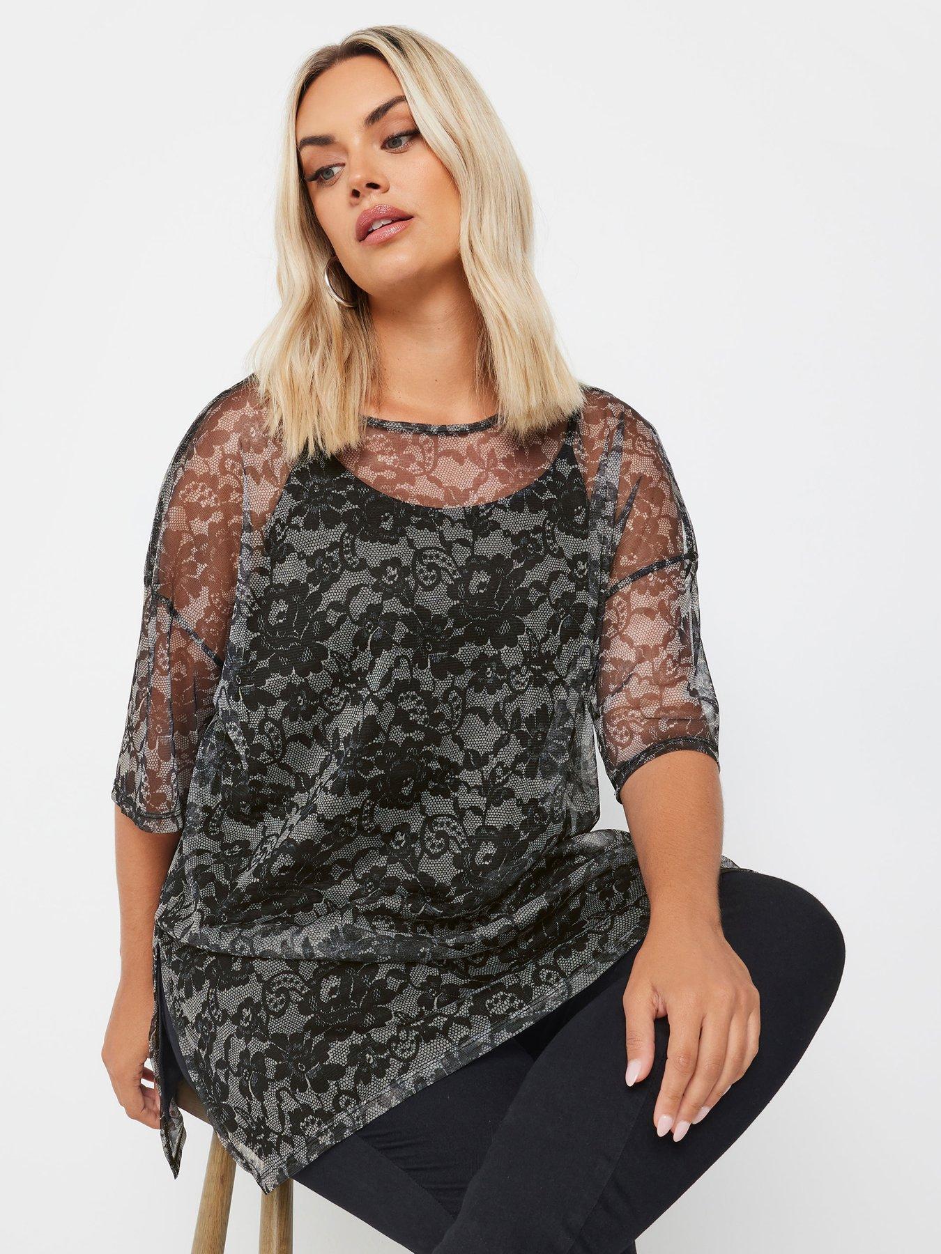 undefined Curve Floral Print Oversized Mesh Top