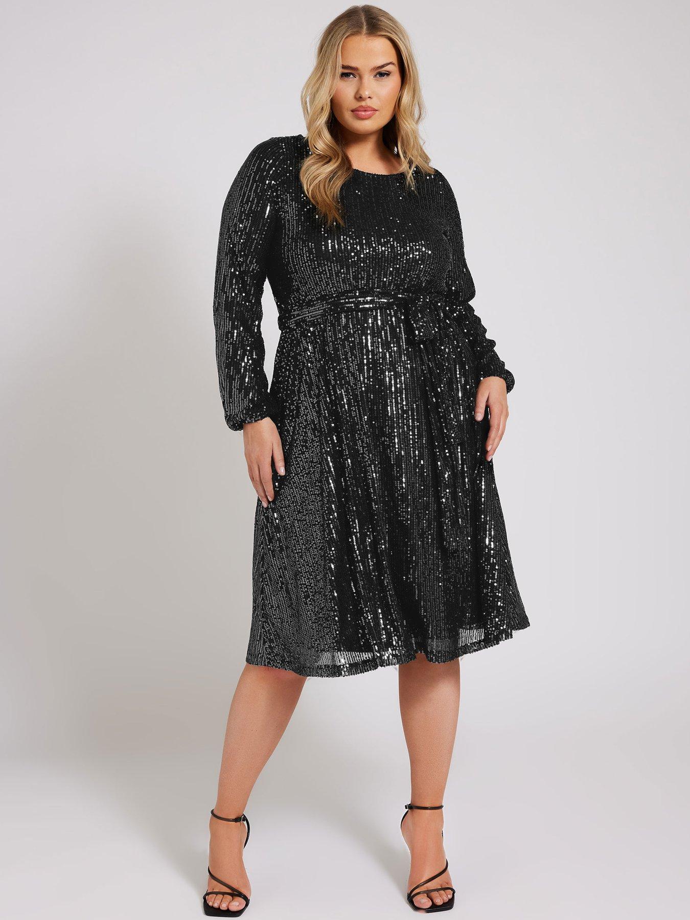  image of yours-curve-long-sleeve-sequin-skater-dress-silver