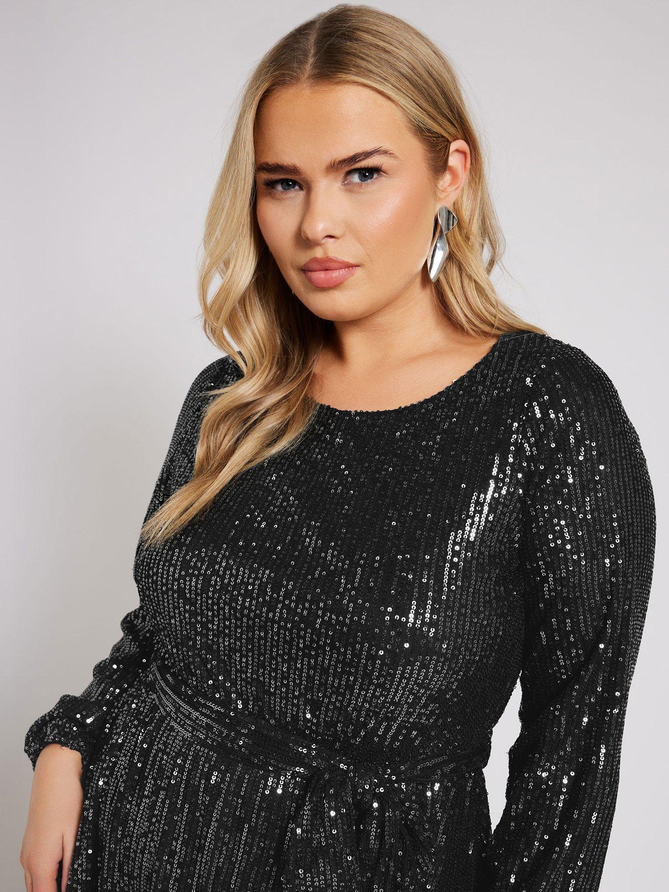  image of yours-curve-long-sleeve-sequin-skater-dress-silver