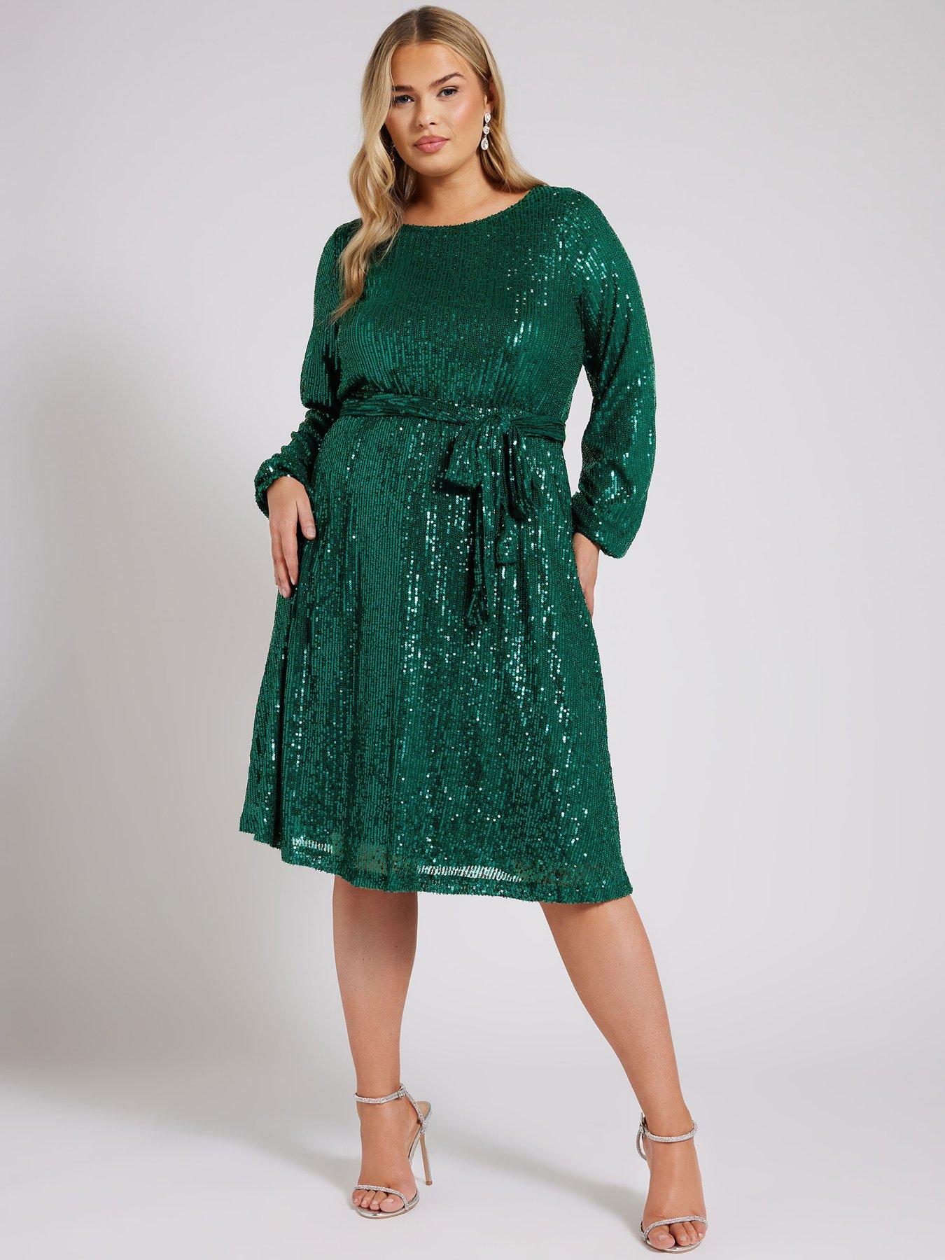 Yours Curve Long Sleeve Sequin Skater Dress - Green