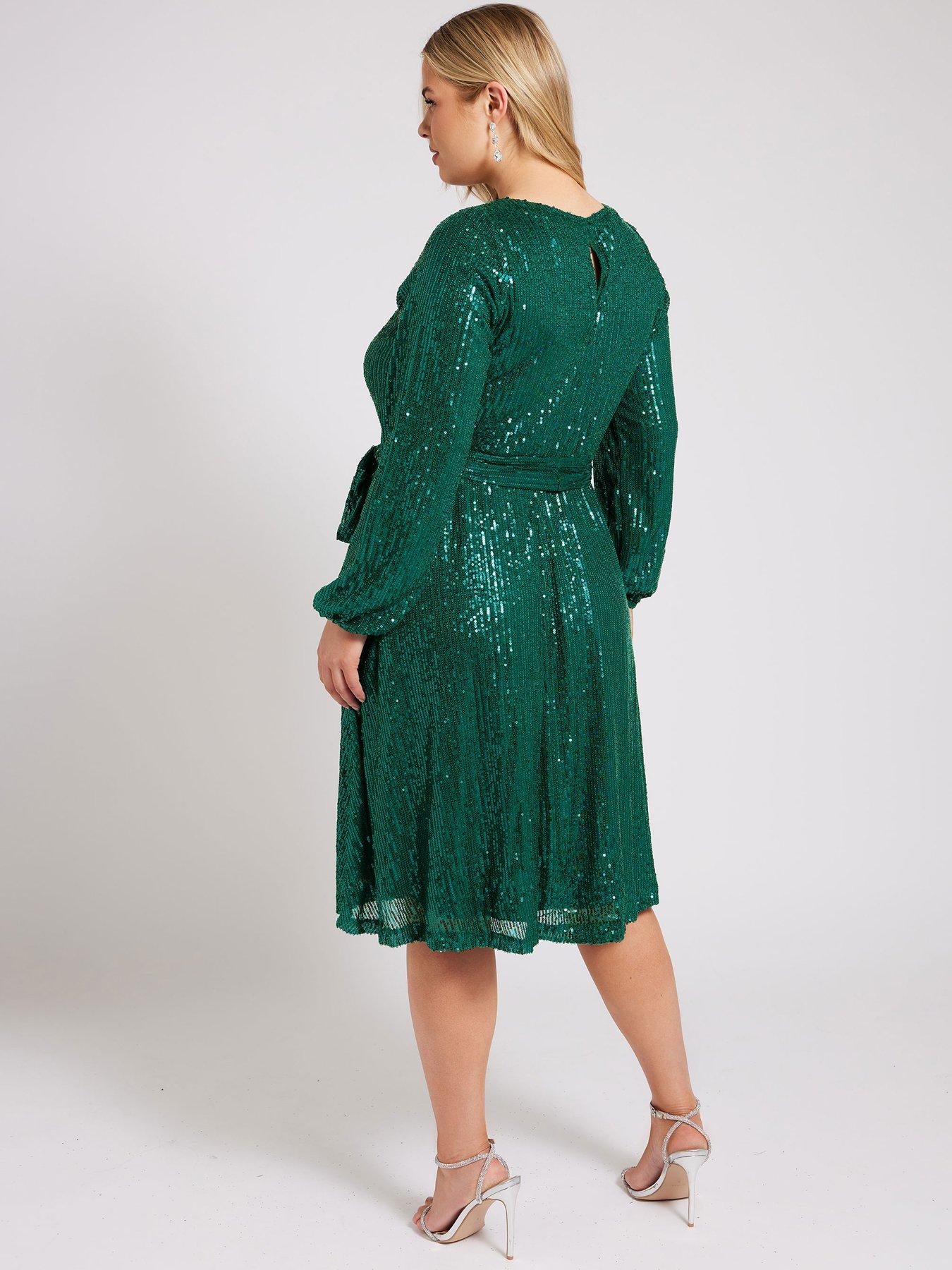 Image 2 of 4 of Yours Curve Long Sleeve Sequin Skater Dress - Green