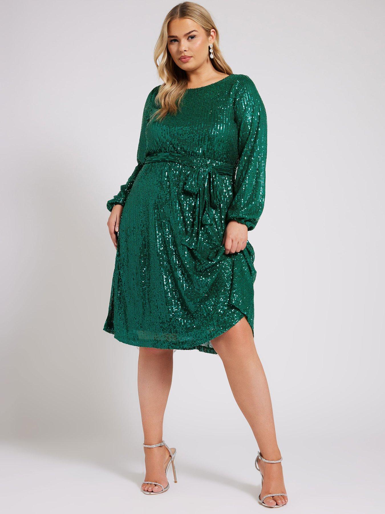 Image 3 of 4 of Yours Curve Long Sleeve Sequin Skater Dress - Green