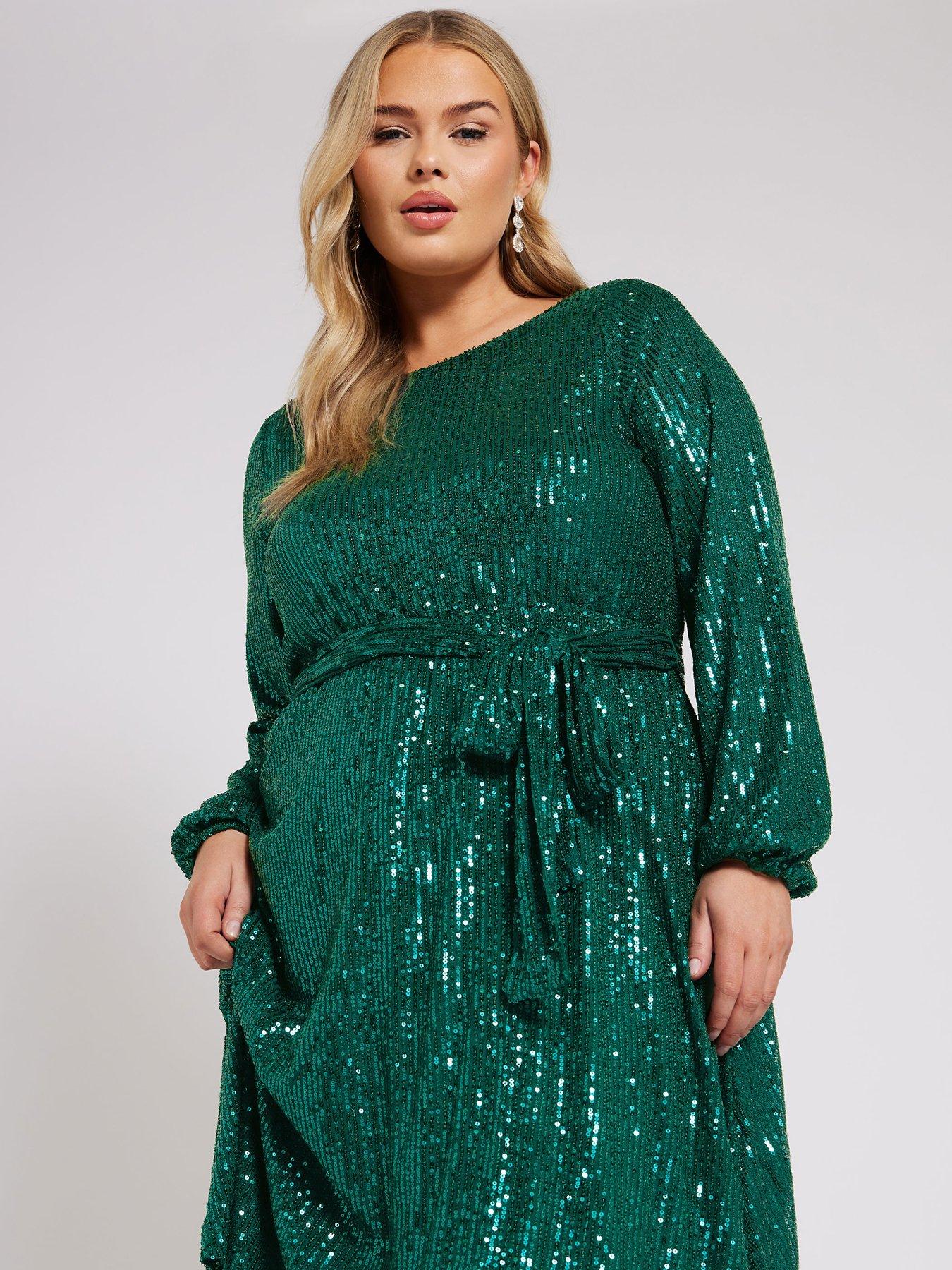 Image 4 of 4 of Yours Curve Long Sleeve Sequin Skater Dress - Green
