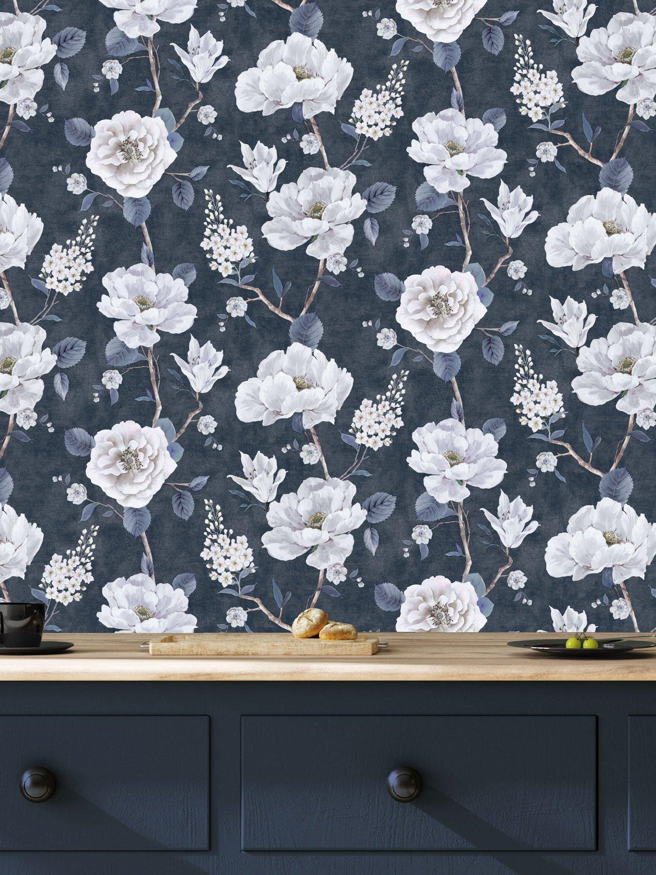 image of arthouse-ashley-floral-navy-wallpaper