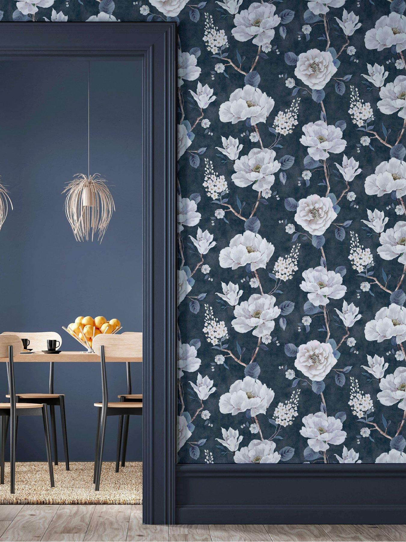  image of arthouse-ashley-floral-navy-wallpaper