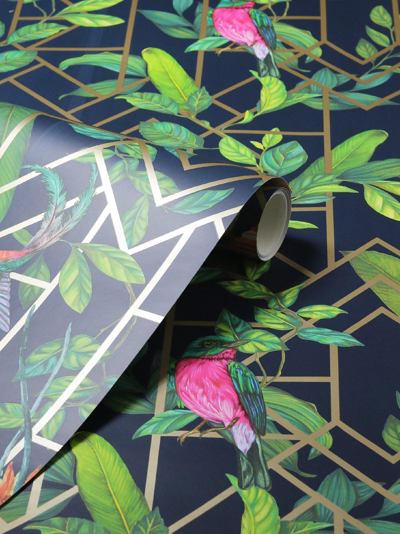  image of arthouse-deco-tropical-navygold-wallpaper