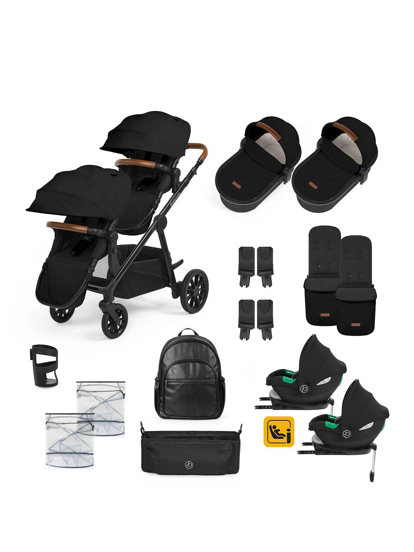 Ickle Bubba Virgo Twin 18 Piece Travel System with i-Size Cirrus Car Seats  &  ISOFIX Bases - Black / Black / Tan
