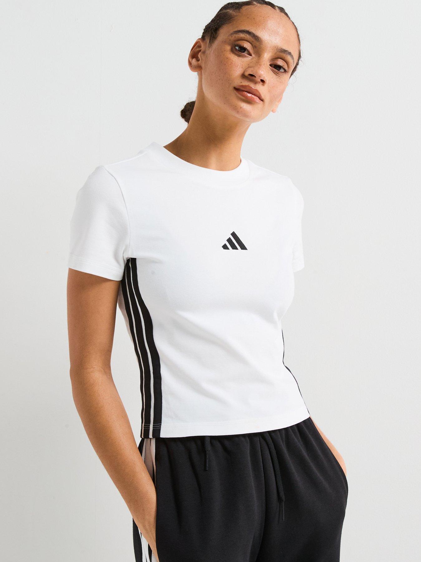 front image of adidas-sportswear-womens-essentials-3-stripes-slim-baby-t-shirt-whiteblack