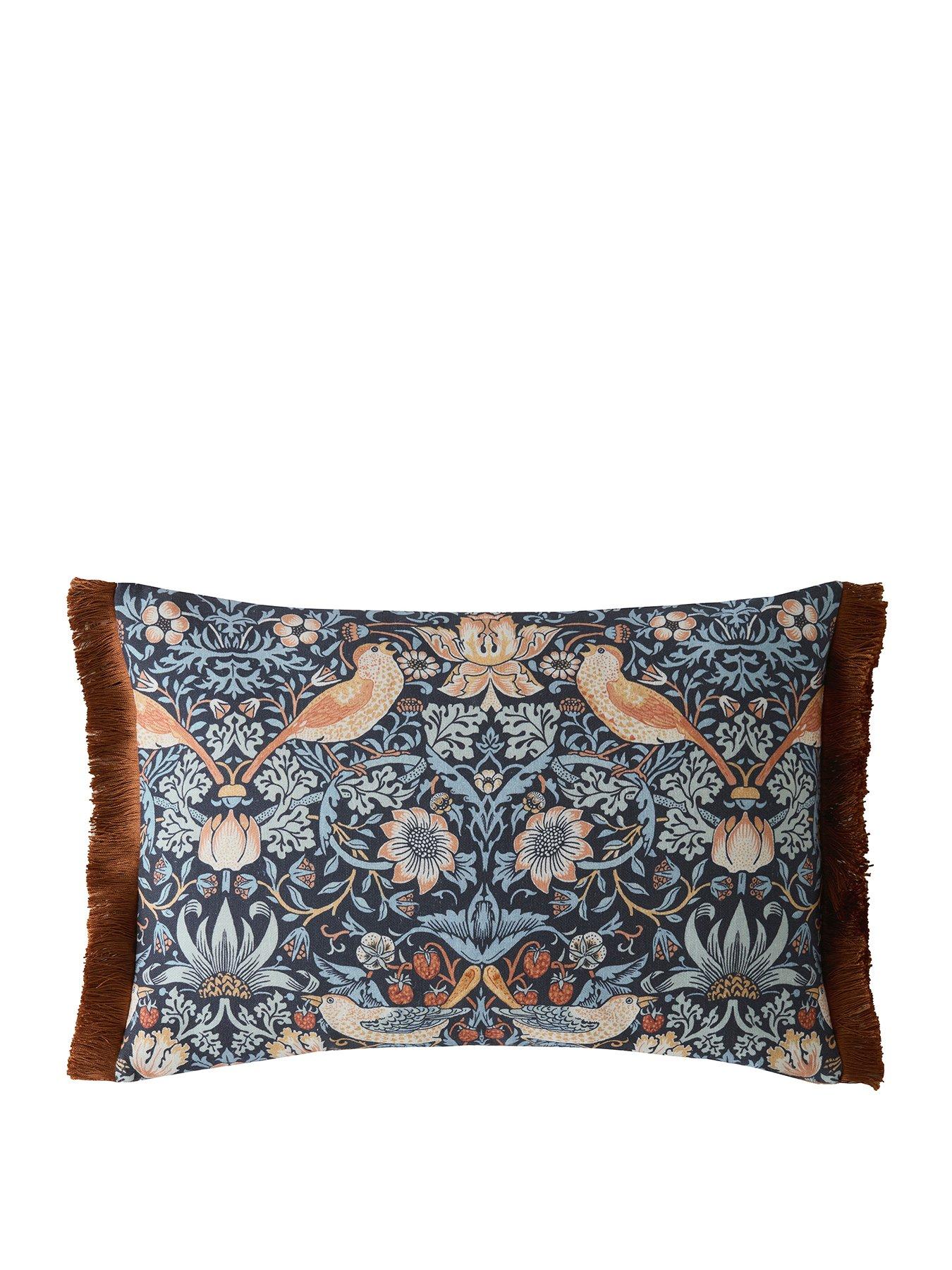  image of william-morris-at-home-strawberry-thief-100-cotton-blue-filled-cushion-40x60cm