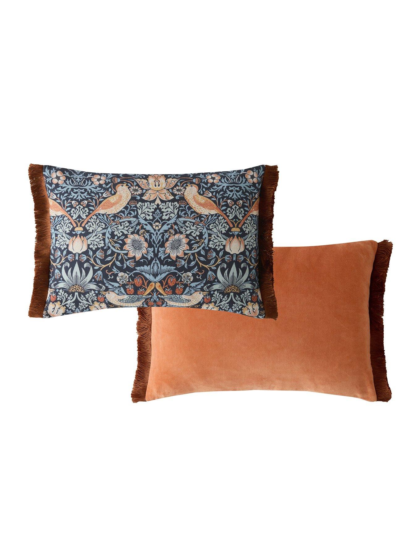  image of william-morris-at-home-strawberry-thief-100-cotton-blue-filled-cushion-40x60cm