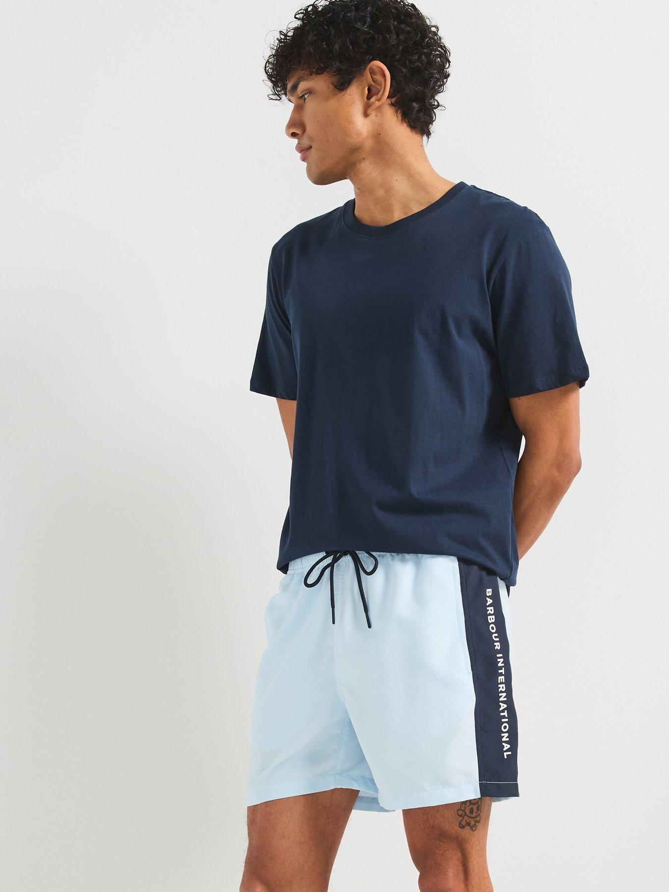  image of barbour-international-panel-logo-swimwear-shorts--light-blue