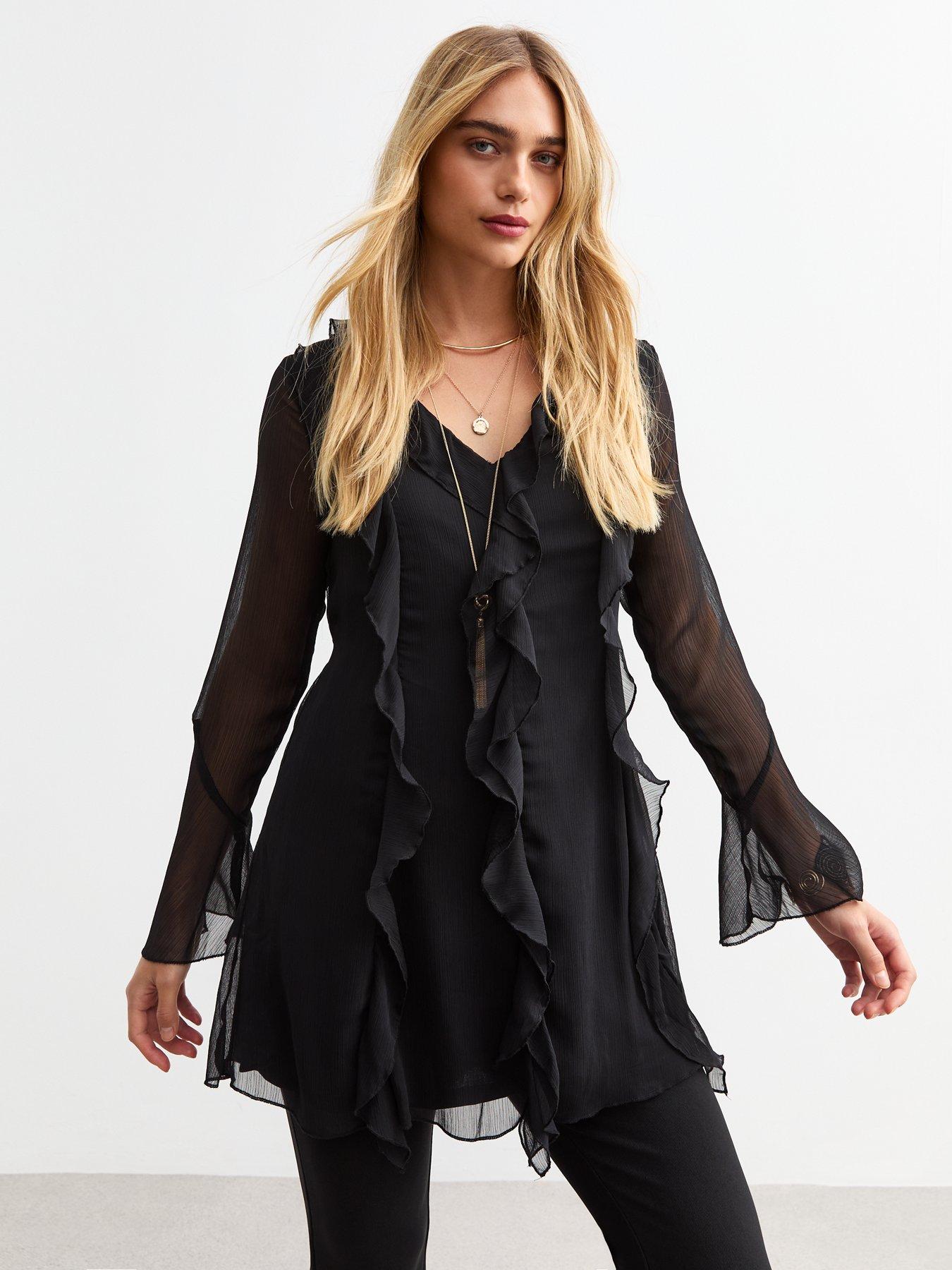  image of new-look-ruffle-trim-chiffon-mini-dress-black