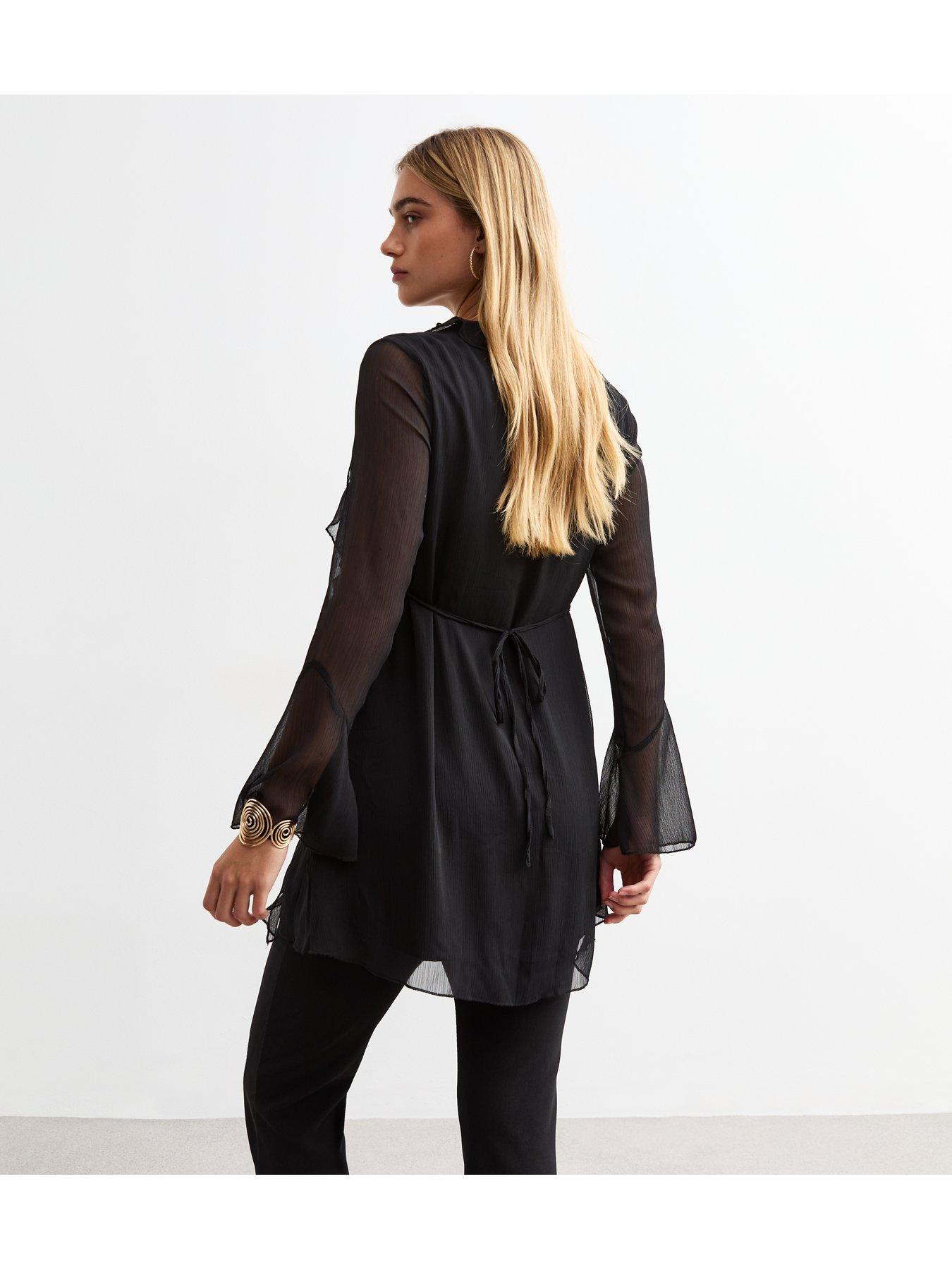  image of new-look-ruffle-trim-chiffon-mini-dress-black