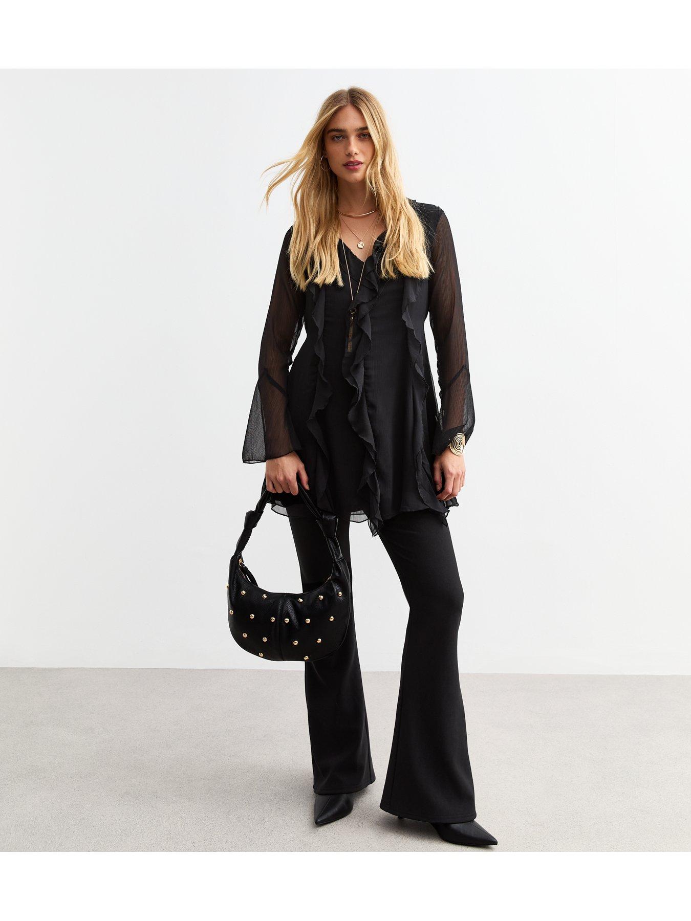  image of new-look-ruffle-trim-chiffon-mini-dress-black
