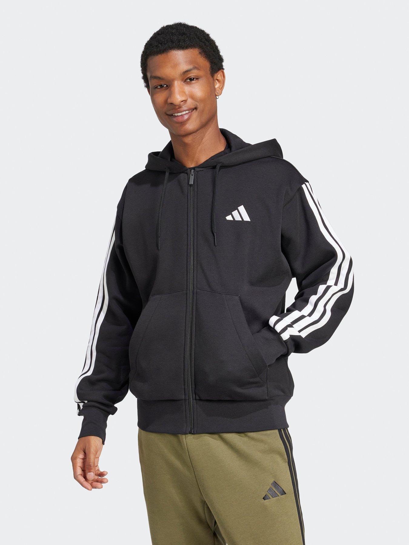  image of adidas-sportswear-mens-essential-3-stripe-full-zip-fleece-hoodie-blackwhite