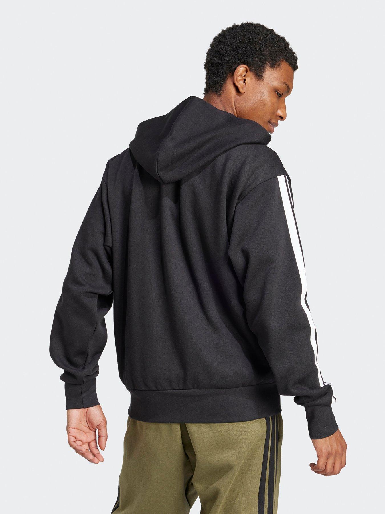  image of adidas-sportswear-mens-essential-3-stripe-full-zip-fleece-hoodie-blackwhite